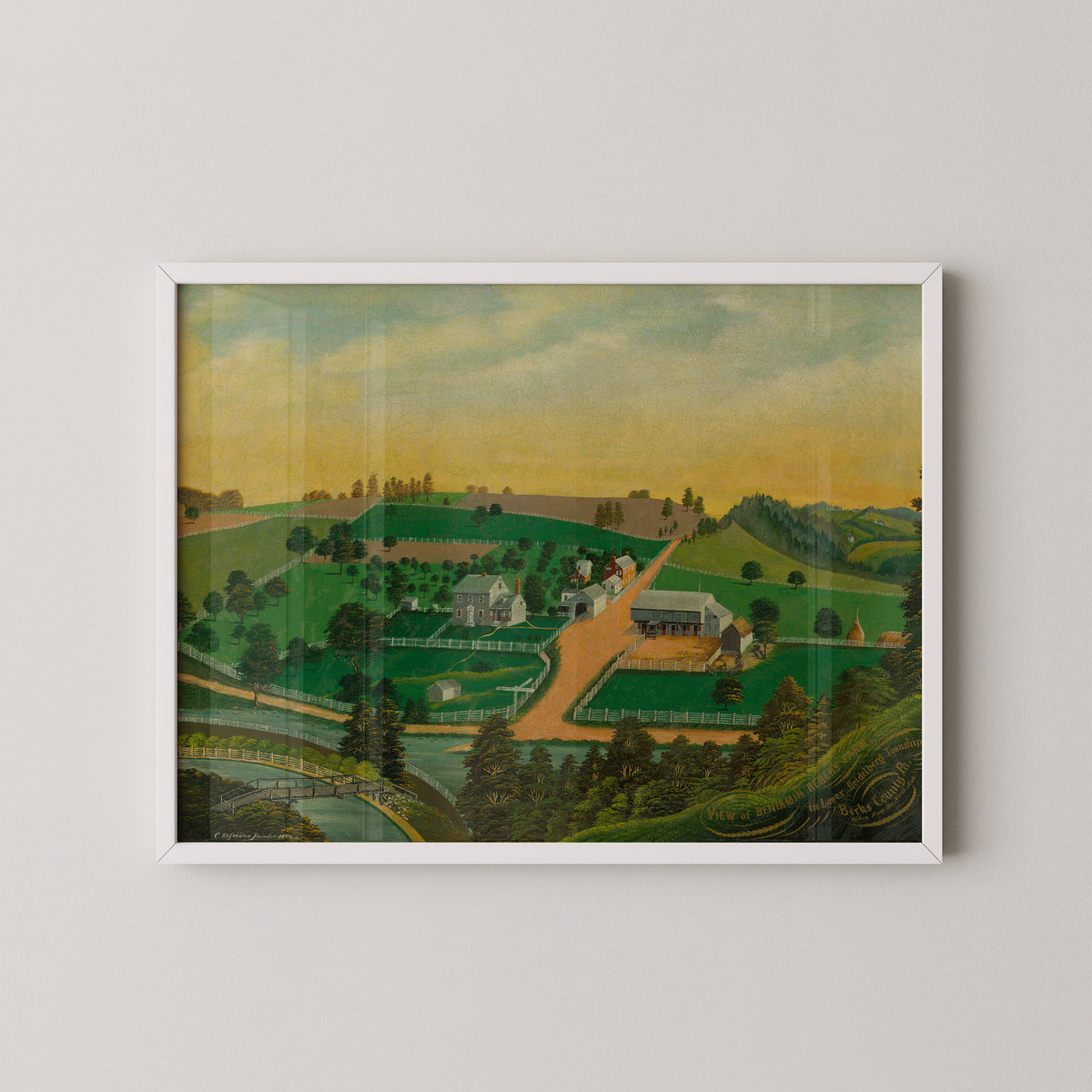White-framed View of Benjamin Reber's Farm by Charles C. Hofmann art print, featuring Pennsylvania farm landscape