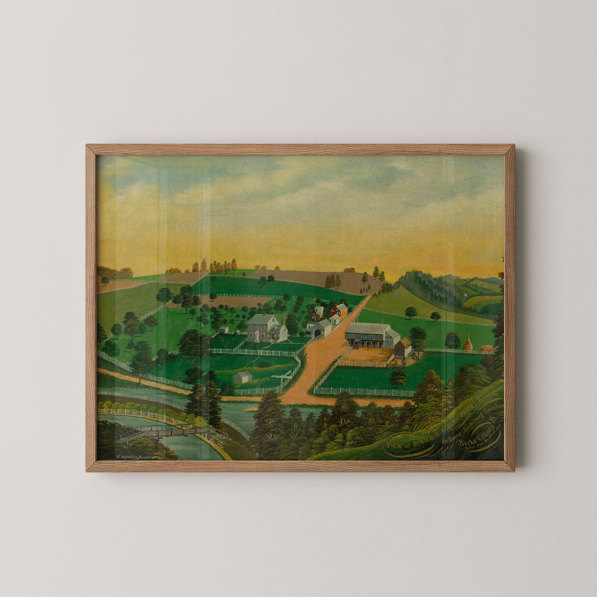 Natural wood-framed View of Benjamin Reber's Farm by Charles C. Hofmann art print, showing Pennsylvania farm landscape