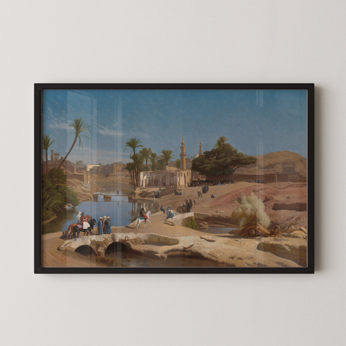 View of Medinet El-Fayoum by Jean-Léon Gérôme art print in a black frame, showing Egyptian landscape with palms and minarets