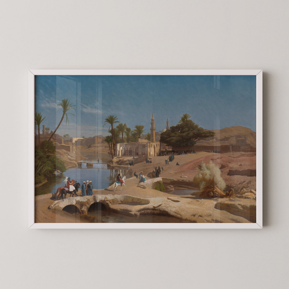 White-framed View of Medinet El-Fayoum by Jean-Léon Gérôme art print, featuring Egyptian landscape with palms and minarets