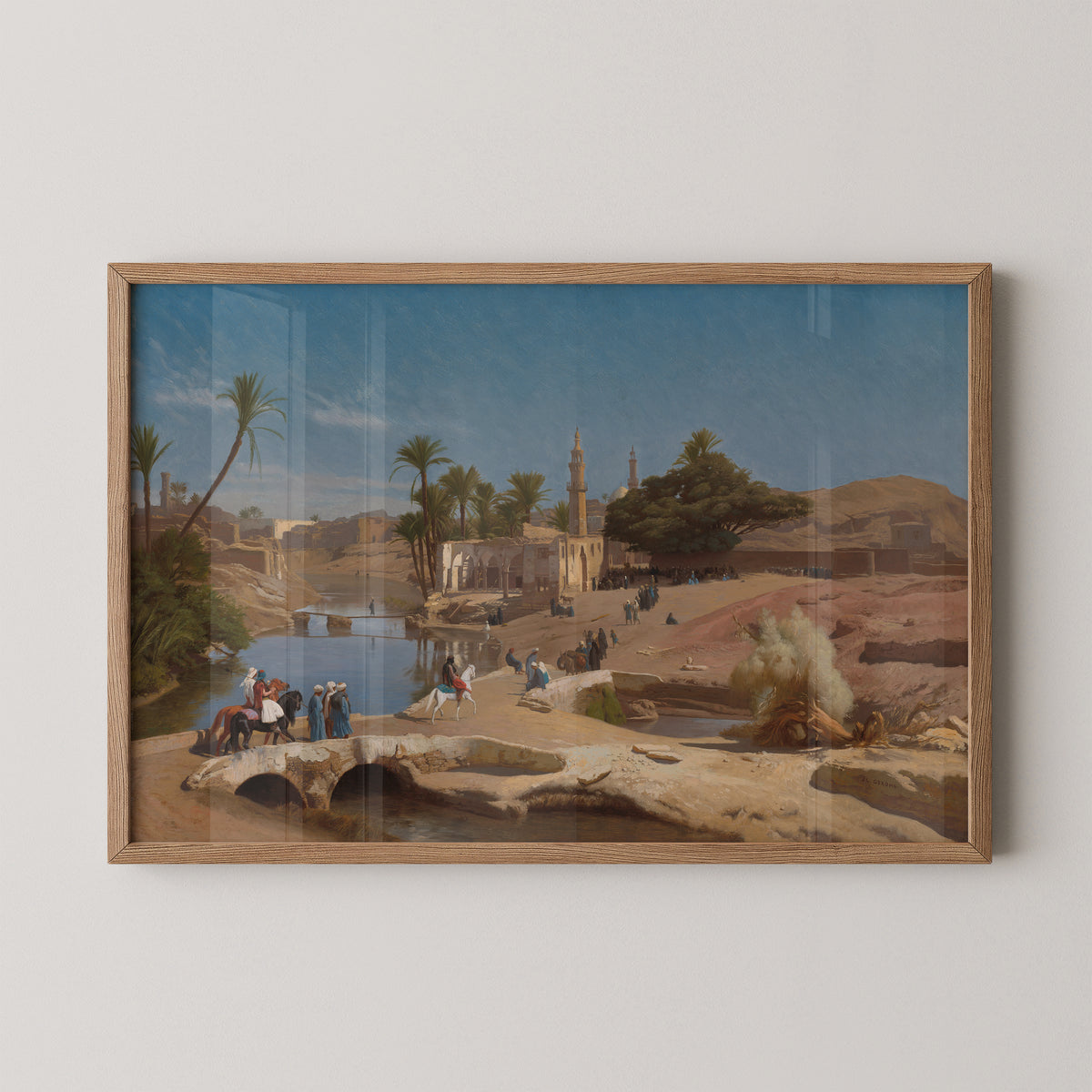 Natural wood-framed View of Medinet El-Fayoum by Jean-Léon Gérôme art print, showing Egyptian landscape with palms and minarets
