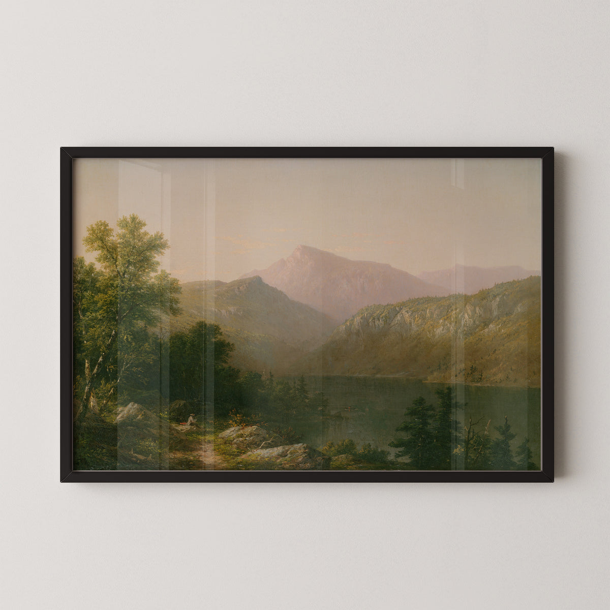View on Lake George by John William Casilear, mountain lake landscape art print in a black frame