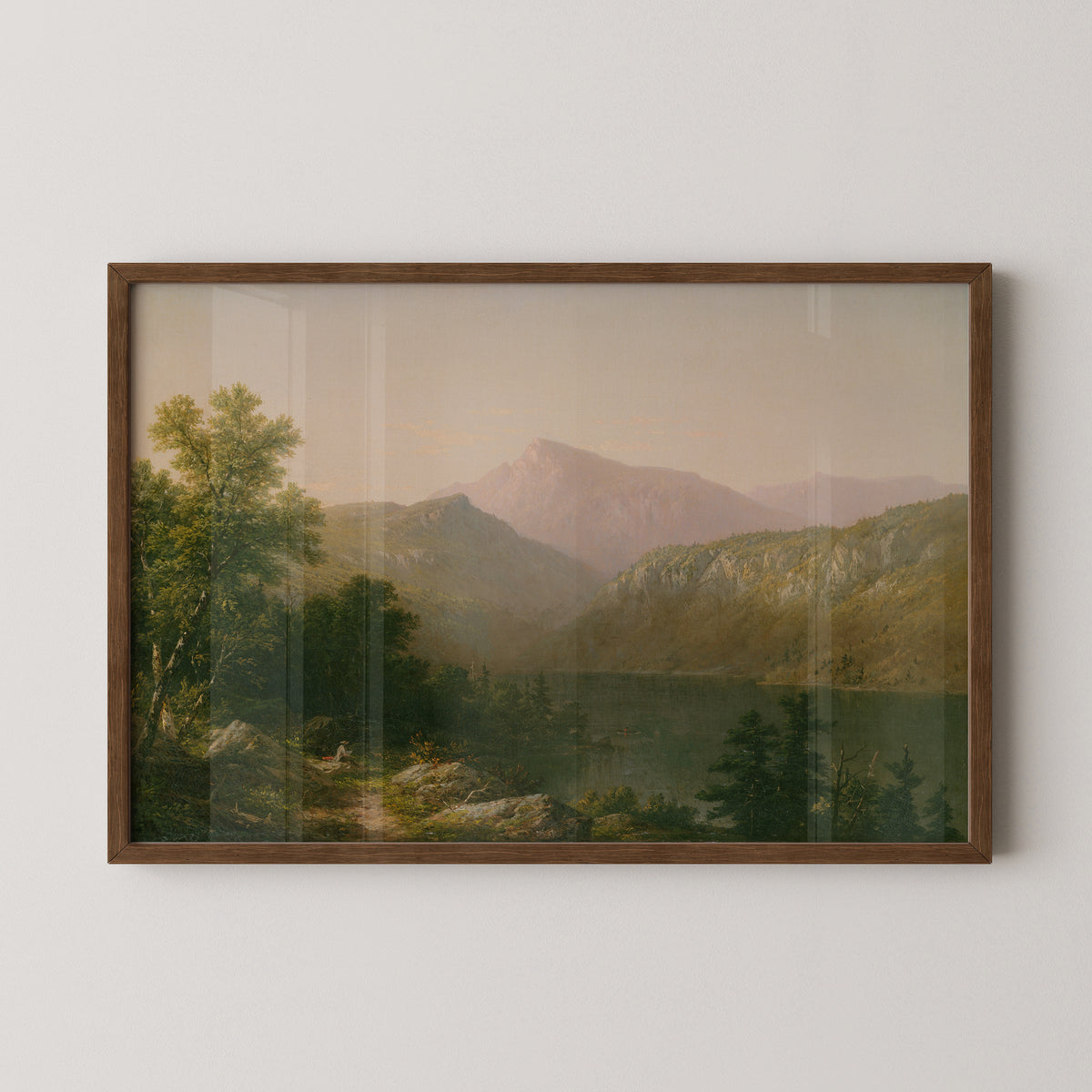 Dark wood-framed View on Lake George, with detailed foreground trees opening toward calm water