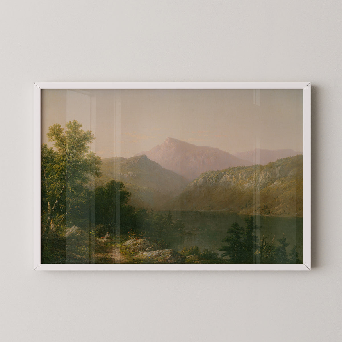 White-framed Casilear lake landscape, showing small figures and distant peaks in blue-violet haze