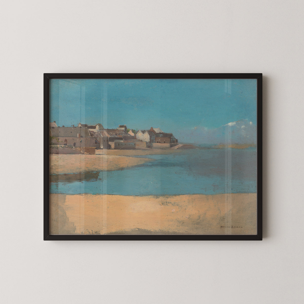 Village by the Sea in Brittany by Odilon Redon, coastal houses art print in a black frame