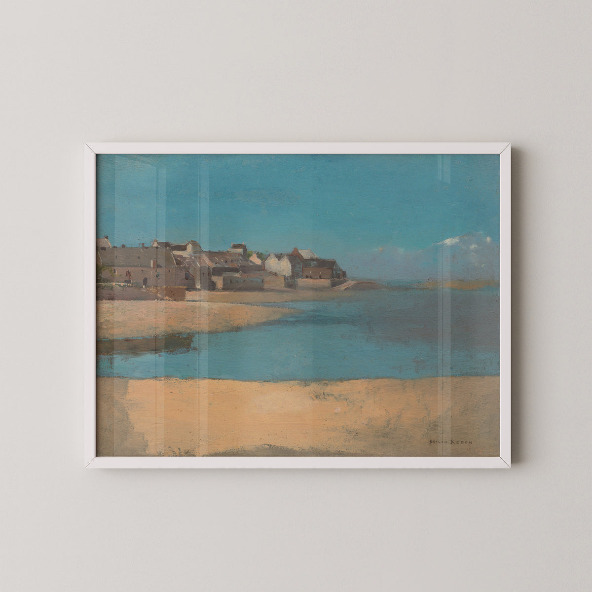 White-framed Odilon Redon landscape with blue-green coastal water and softly painted village architecture