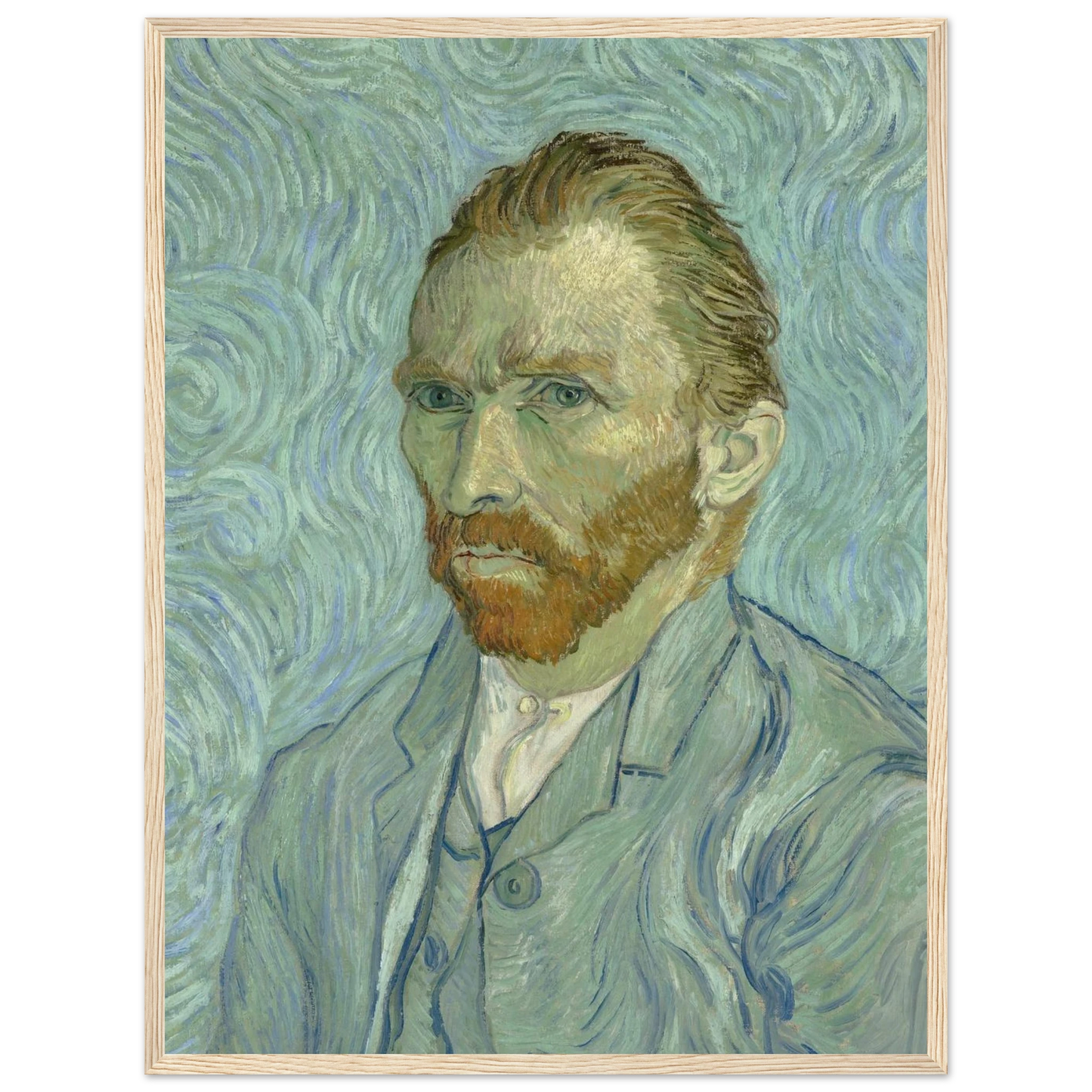 Self-Portrait (1889) by Vincent van Gogh, reproduced as a museum-quality print highlighting color harmony and psychological depth.