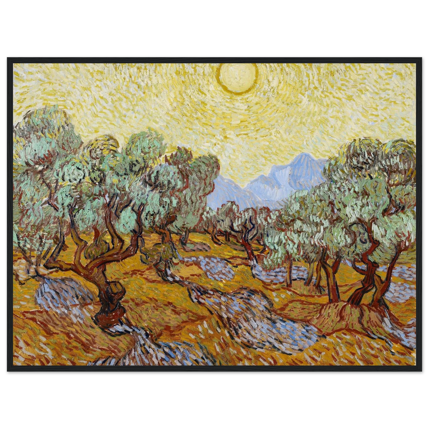 Wall art print of Van Gogh’s Olive Trees, painted in Saint-Rémy with expressive brushwork and a glowing Mediterranean palette.
