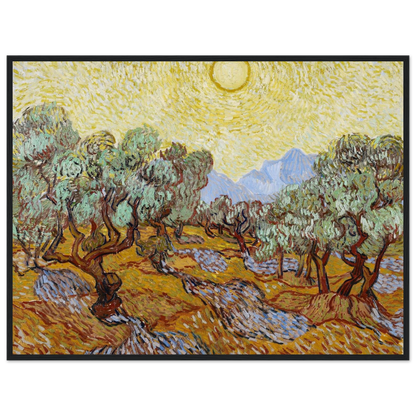 Wall art print of Van Gogh’s Olive Trees, painted in Saint-Rémy with expressive brushwork and a glowing Mediterranean palette.