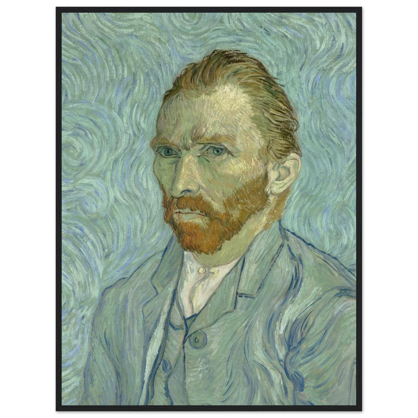 Wall art print of Van Gogh’s Self-Portrait, painted in Saint-Rémy with vivid blues and greens that convey emotion and artistic strength.