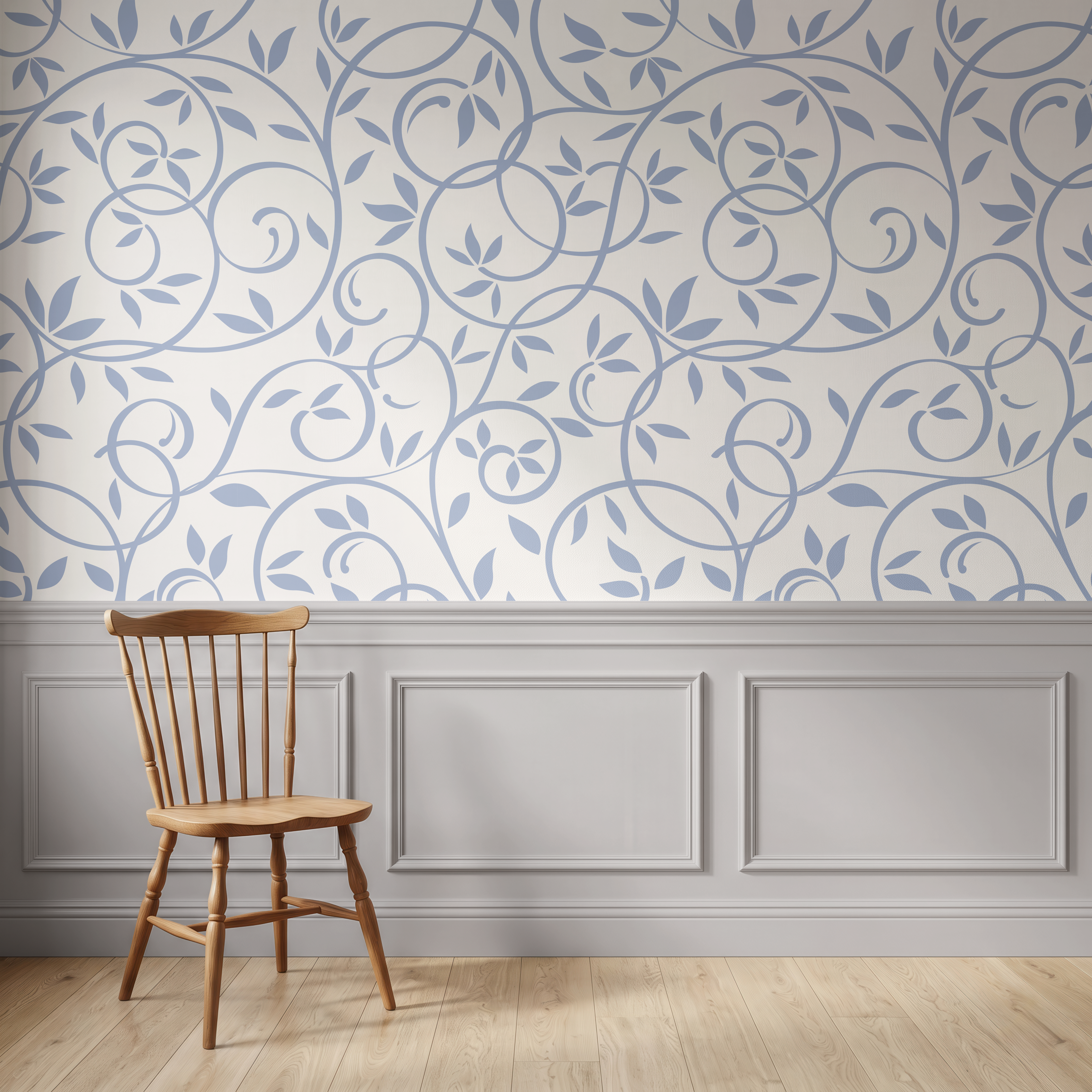 Dusty blue botanical wallpaper with delicate trailing leaves in a calm bedroom