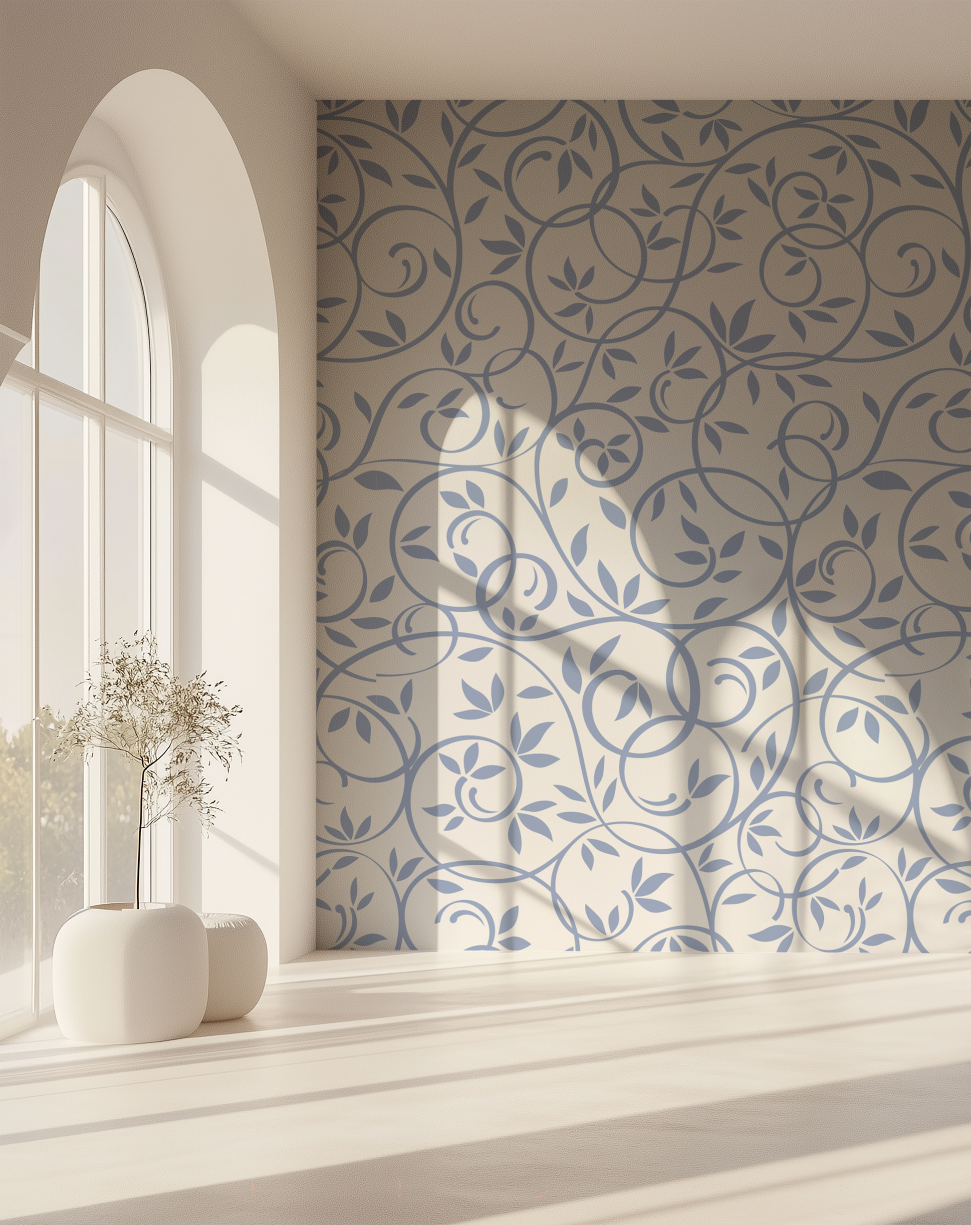 Dusty blue botanical wallpaper with flowing vines and leaves in a bright interior
