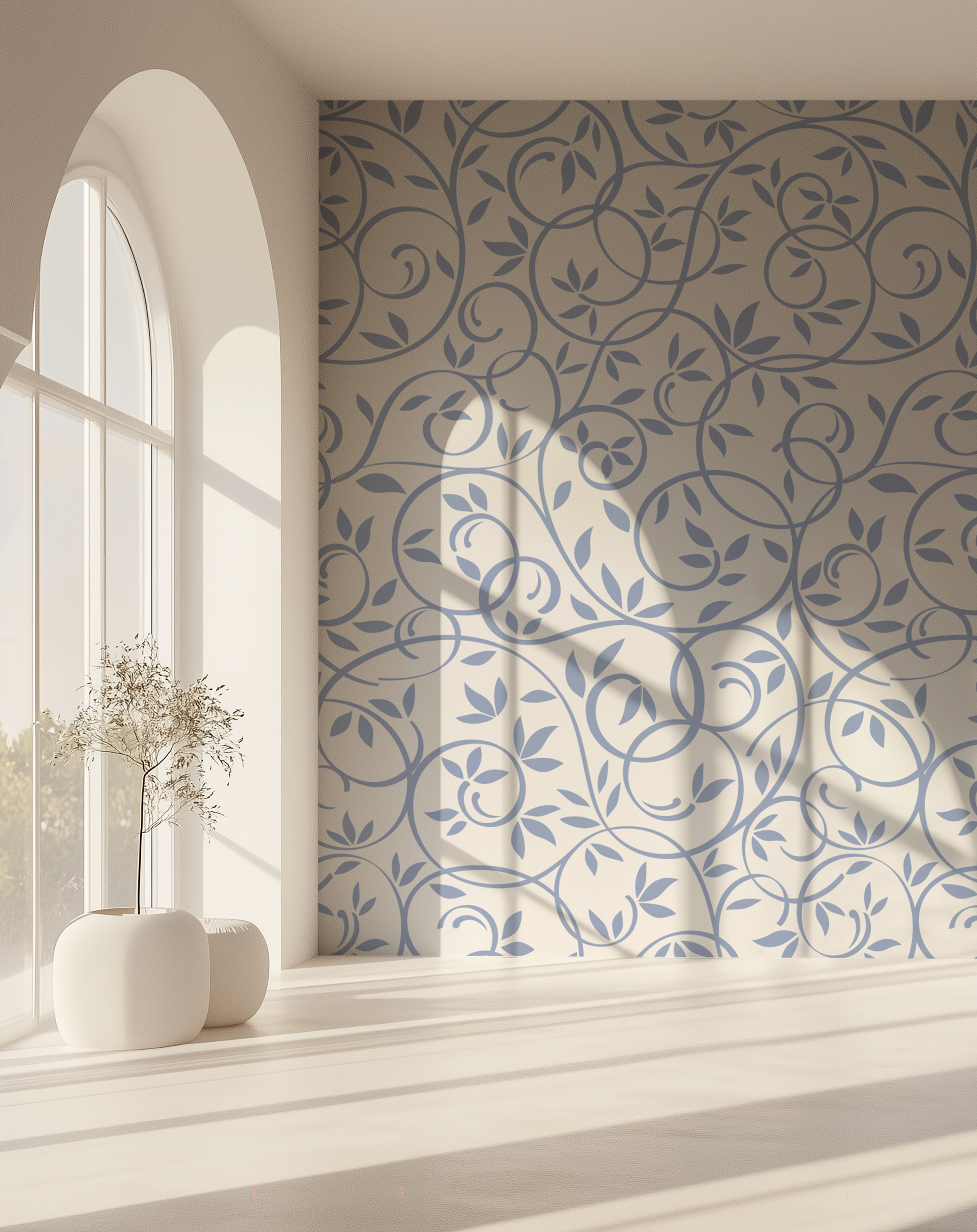 Dusty blue botanical wallpaper with flowing vines and leaves in a bright interior