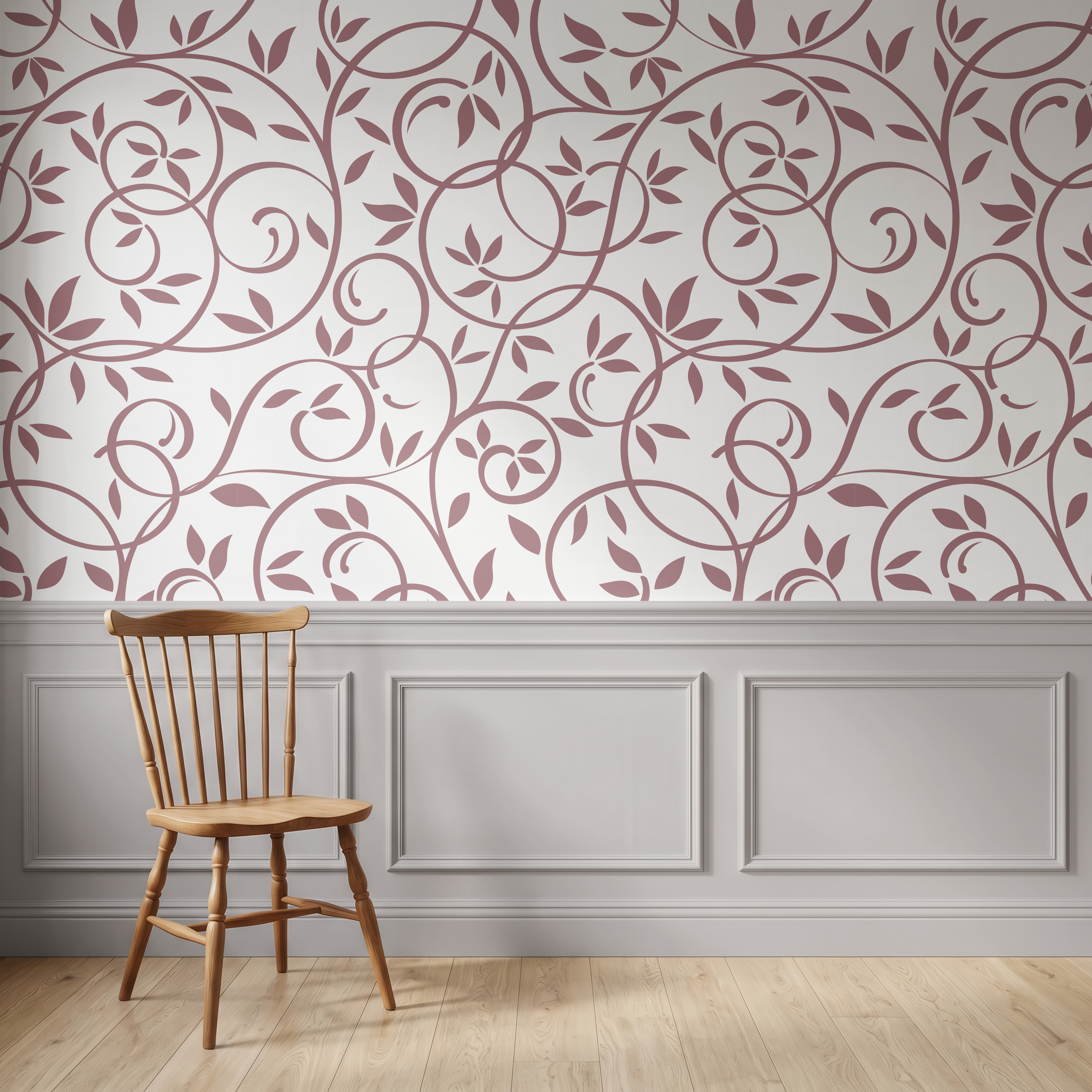 Dusty rose botanical wallpaper with trailing leaves in a warm modern bedroom