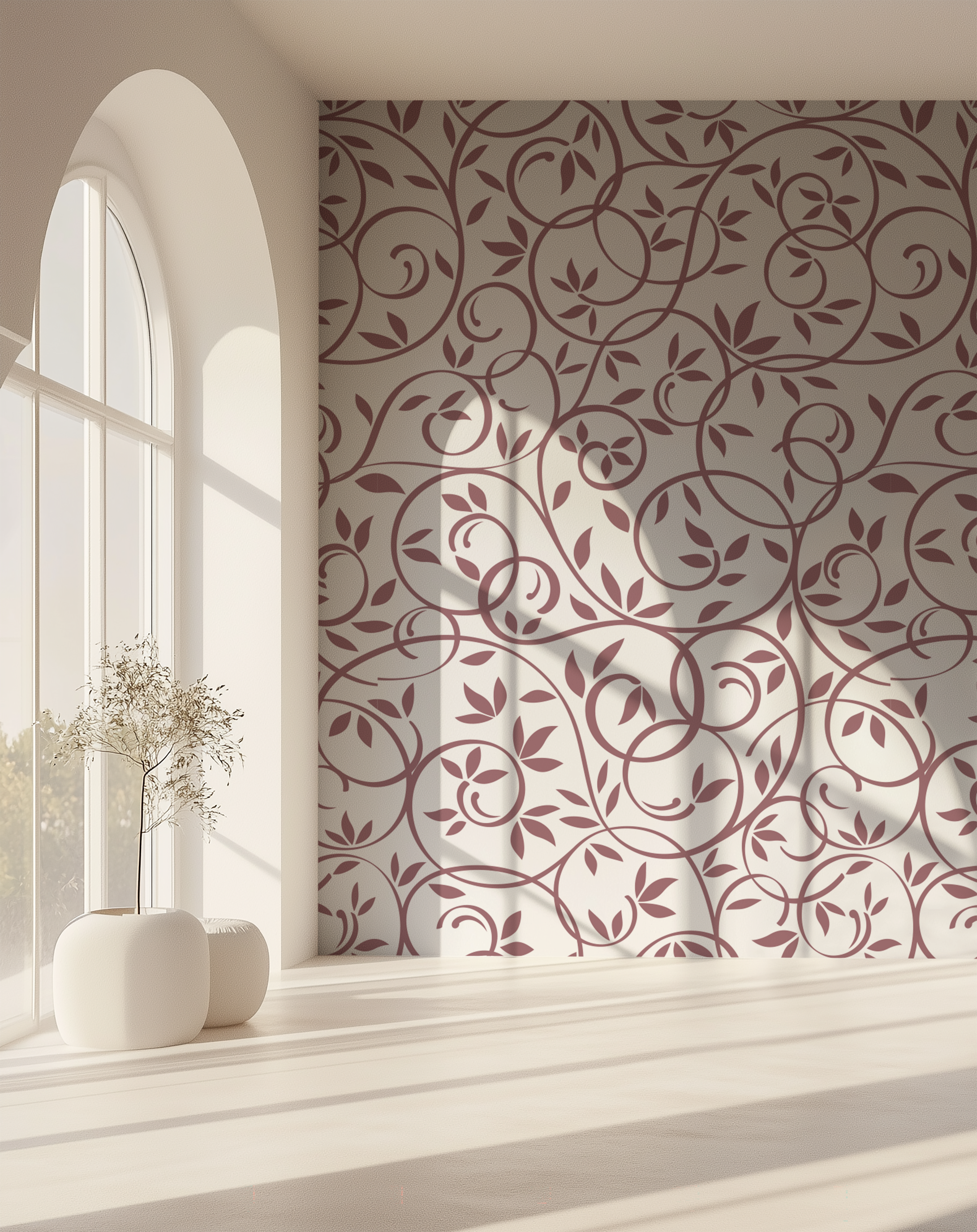 Dusty rose botanical wallpaper with elegant trailing vines and leaves in a bright interior