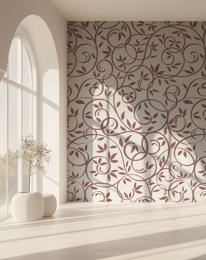 Dusty rose botanical wallpaper with elegant trailing vines and leaves in a bright interior