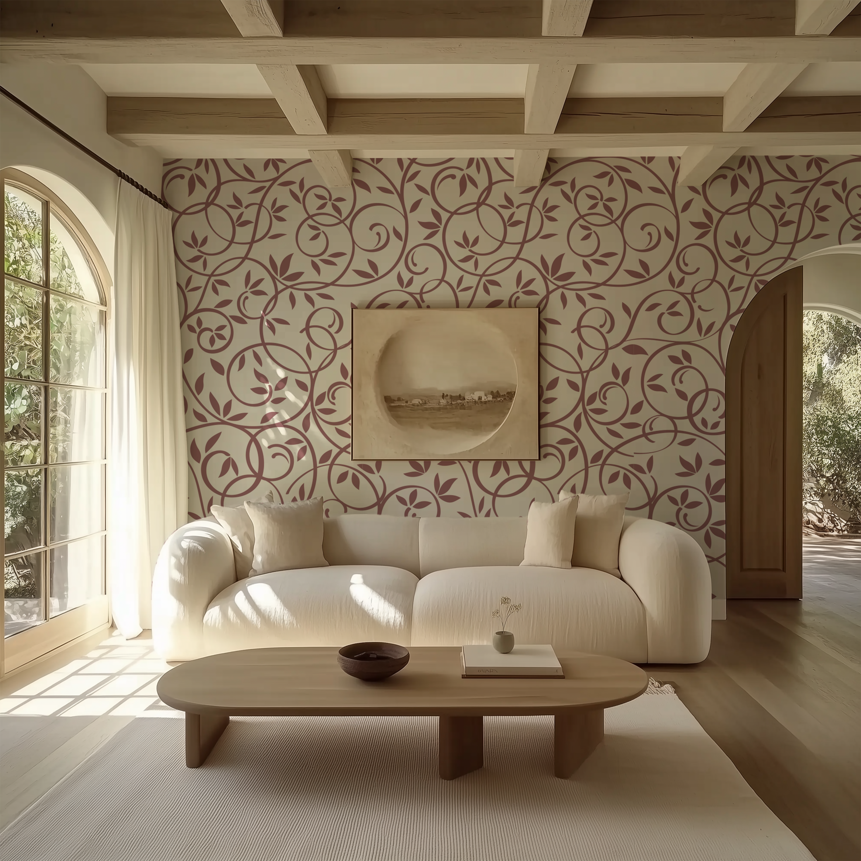 Dusty rose botanical vine wallpaper styled in a warm modern living room