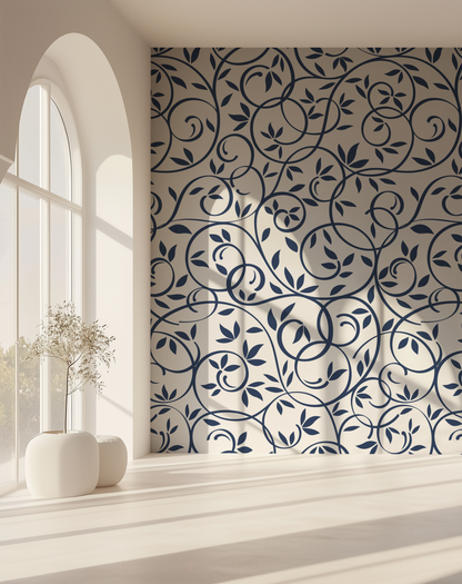 Navy blue botanical wallpaper with flowing vines and leaves in a bright architectural interio