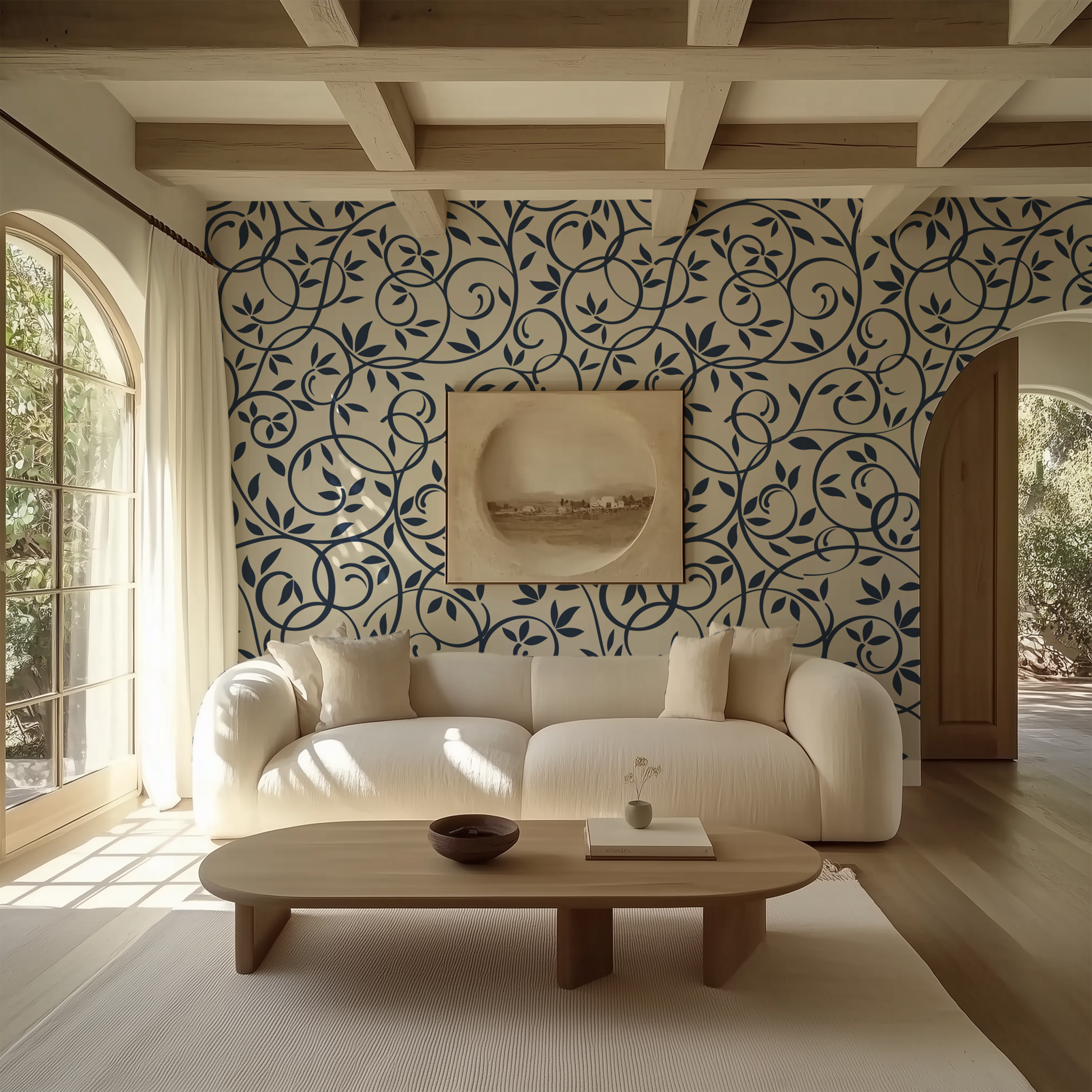 Navy blue botanical vine wallpaper styled in an elegant modern living room