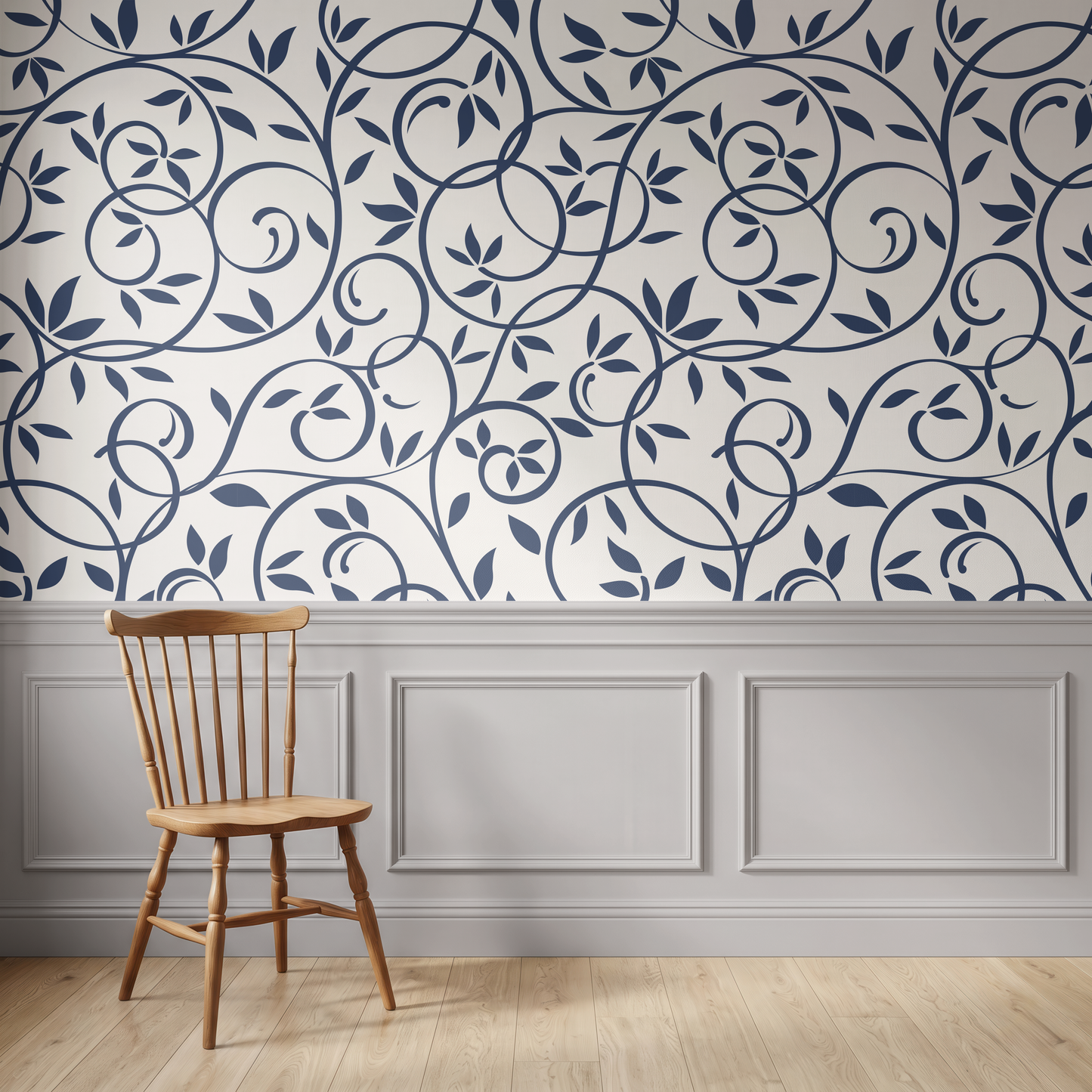 Navy blue botanical wallpaper with trailing leaves in an elegant bedroom