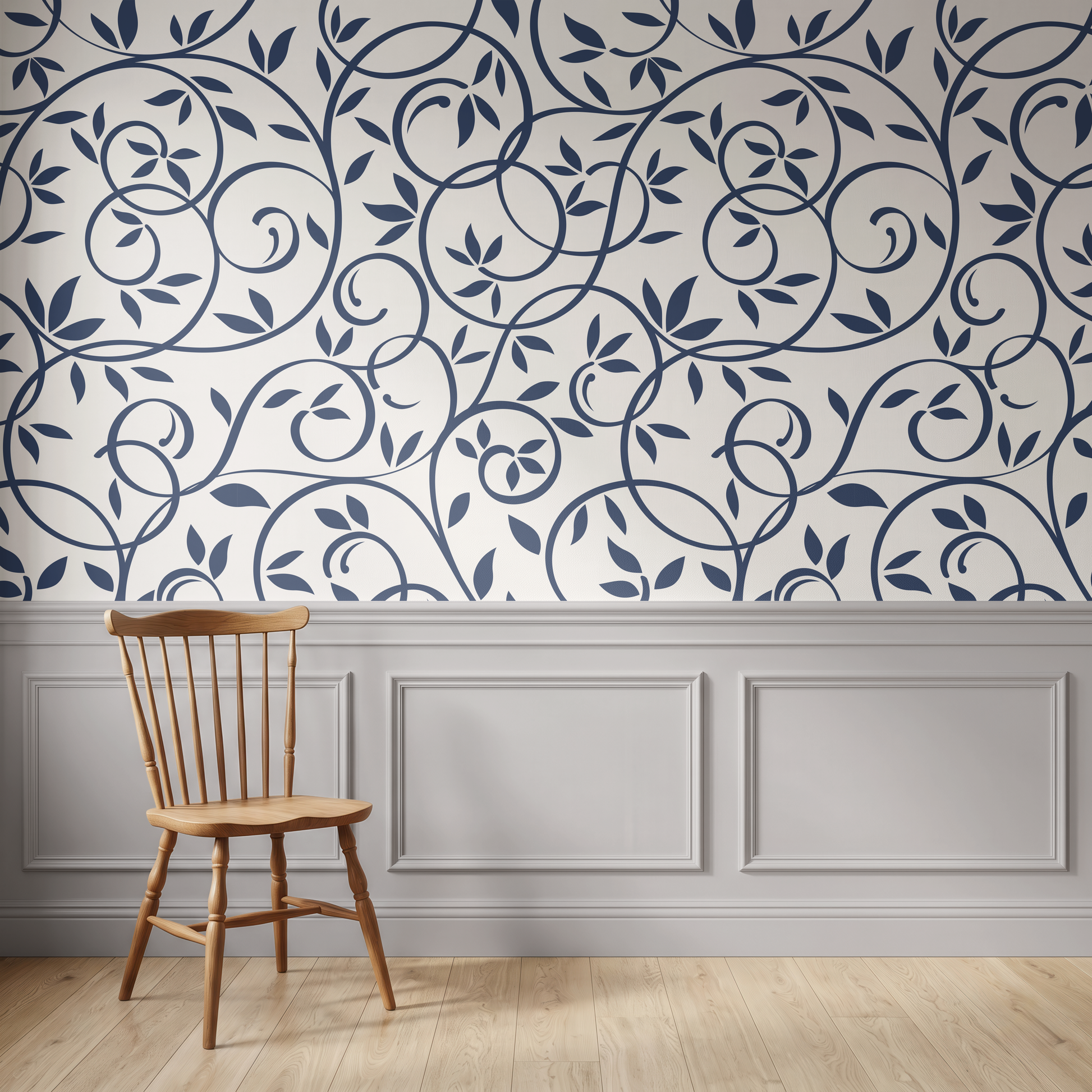 Navy blue botanical wallpaper with trailing leaves in an elegant bedroom