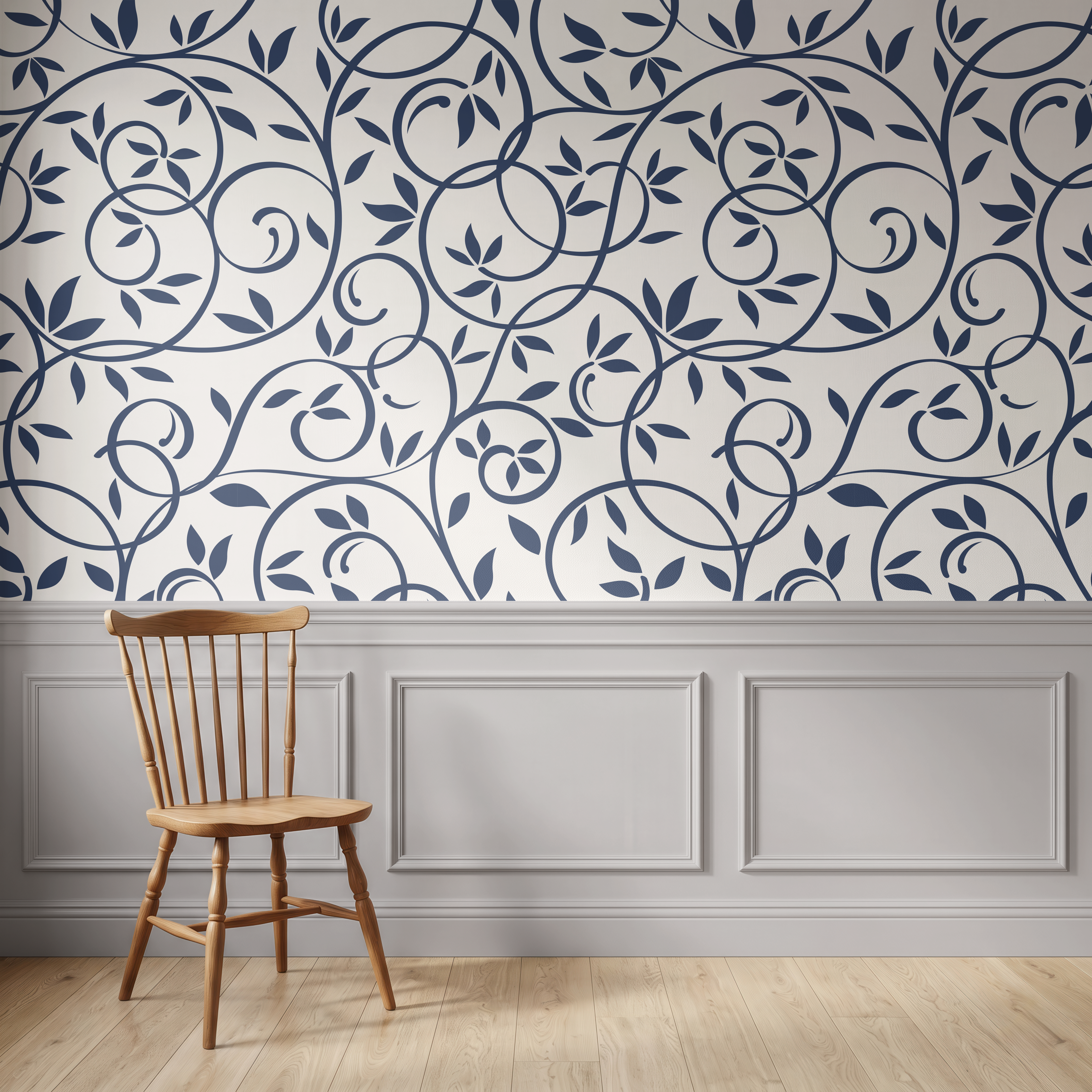 Navy blue botanical wallpaper with trailing leaves in an elegant bedroom