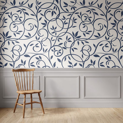 Navy blue botanical wallpaper with trailing leaves in an elegant bedroom