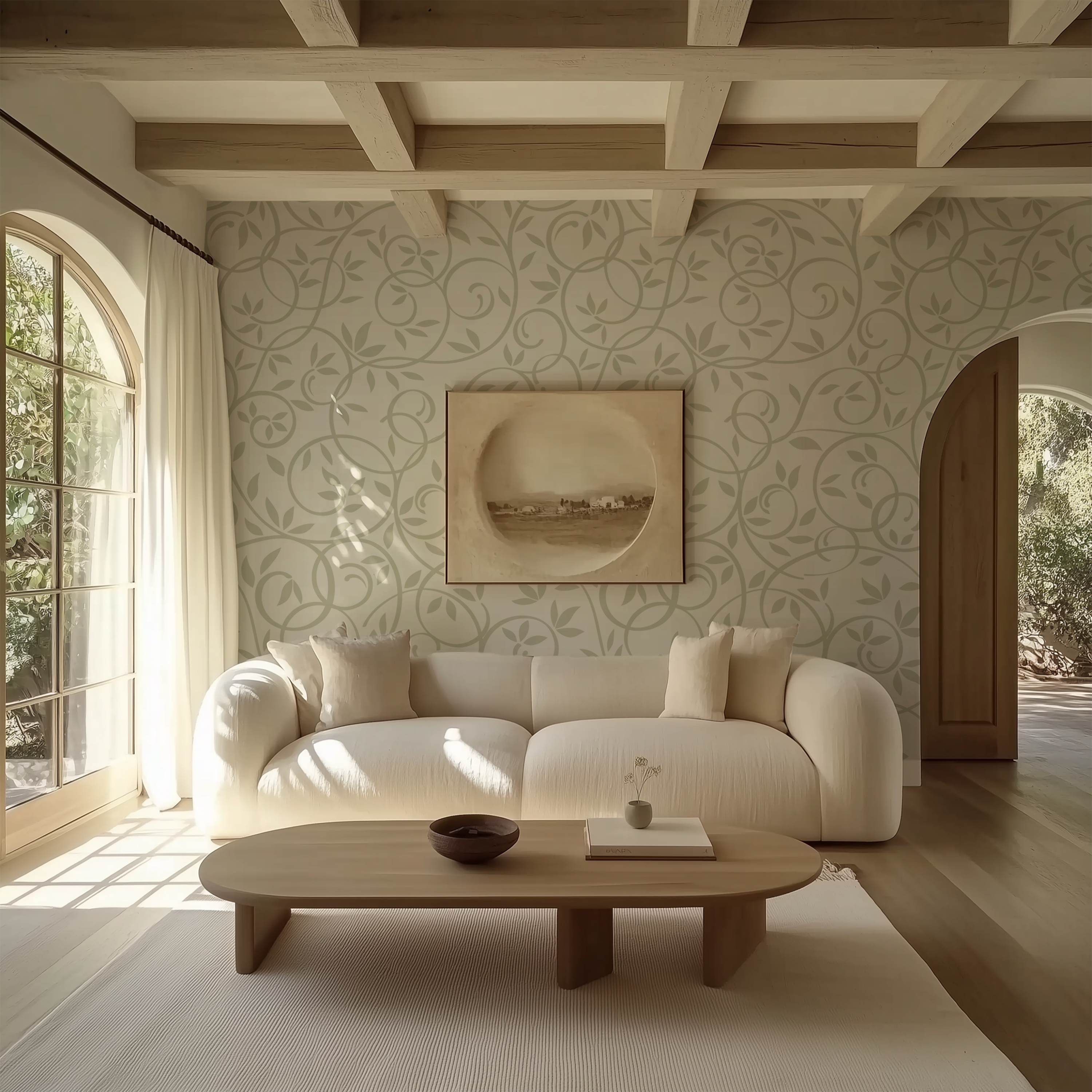 Sage green botanical vine wallpaper styled in a warm modern living room