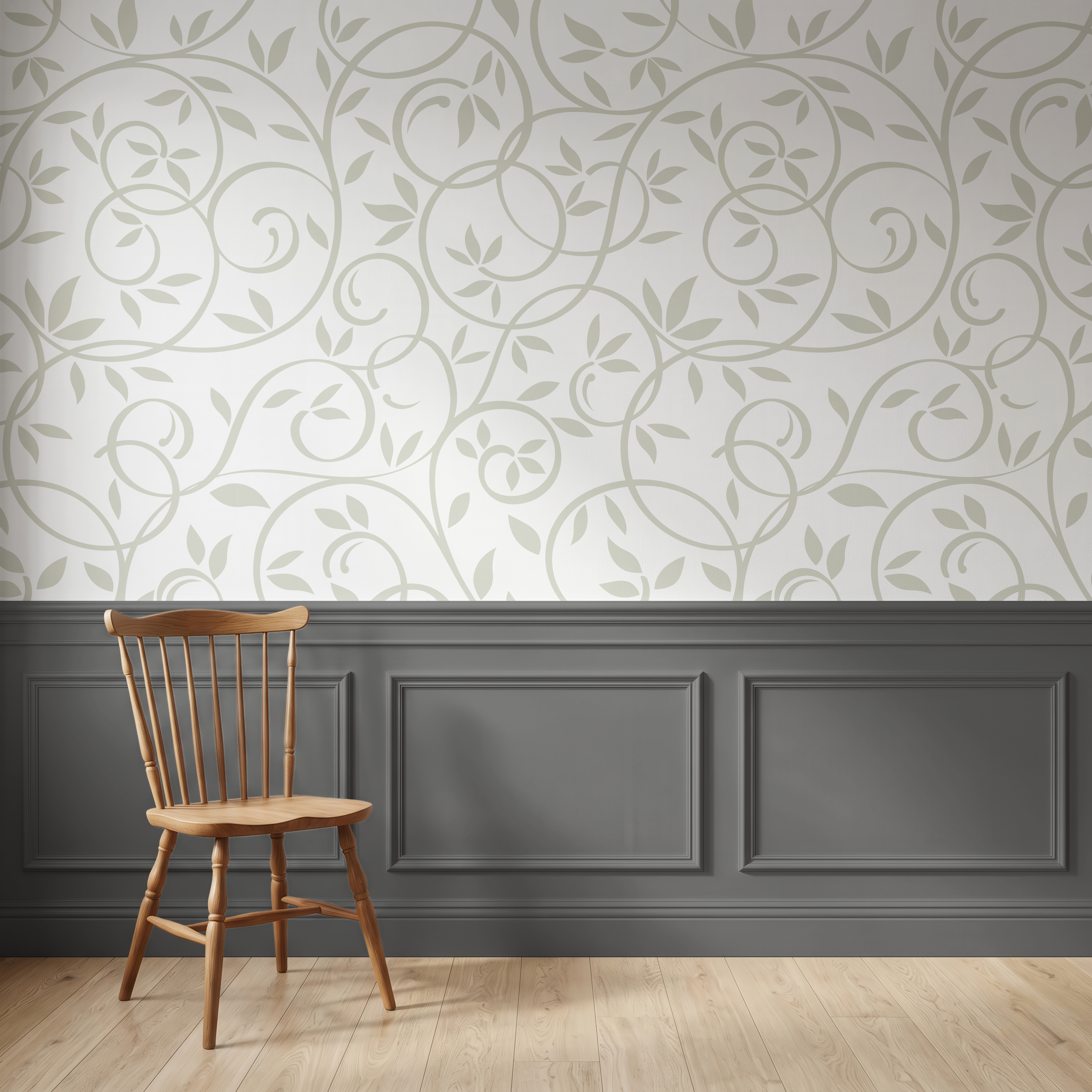 Sage green botanical wallpaper with trailing leaves in a calm modern bedroom