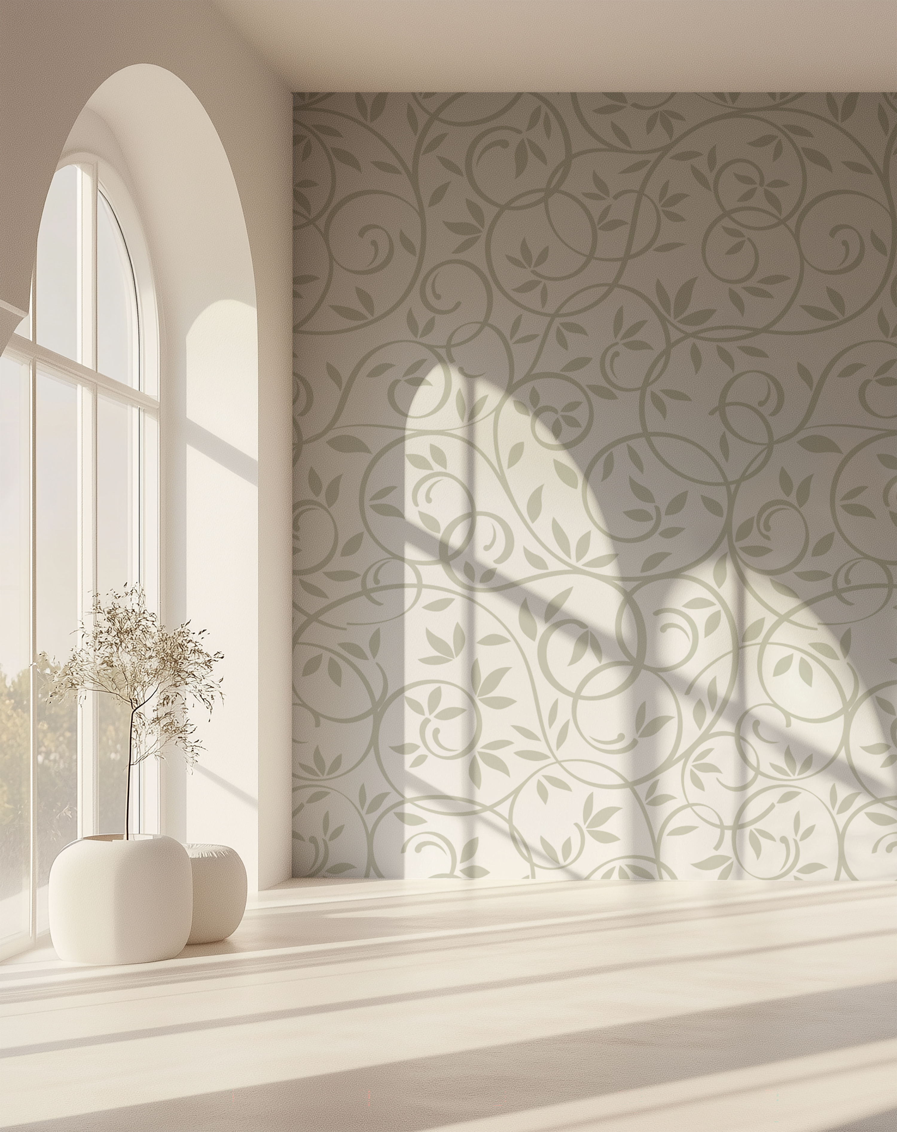 ALT: Sage green botanical wallpaper with delicate trailing vines and leaves in a bright interior