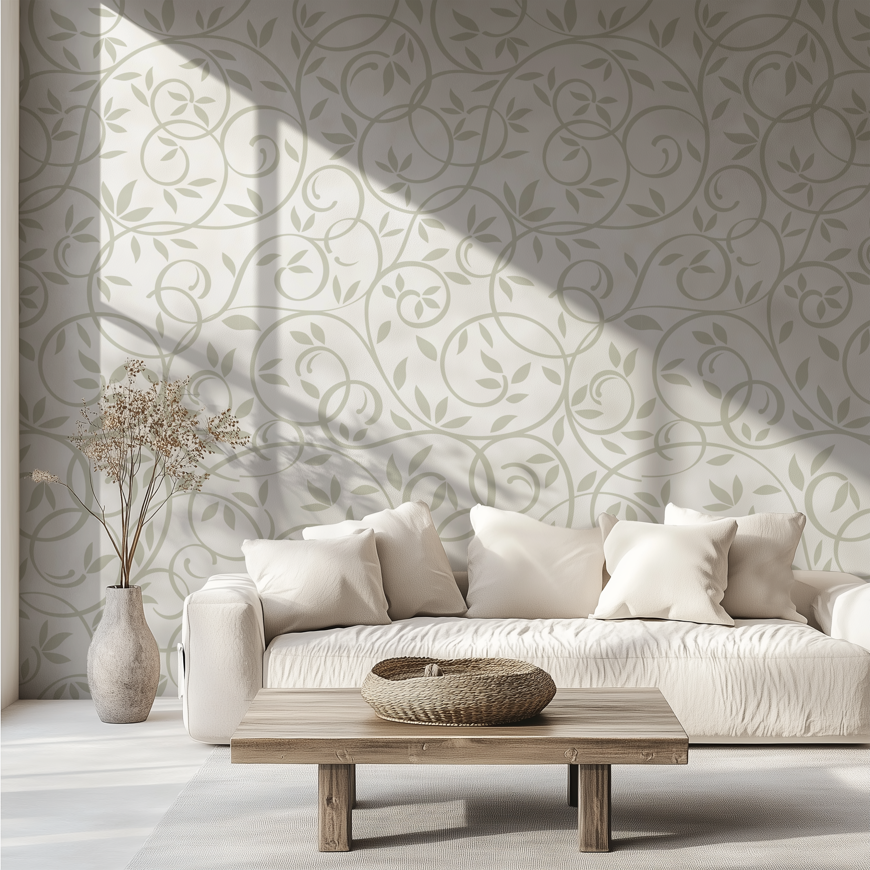 Sage green leaf and vine wallpaper styled behind a neutral sofa