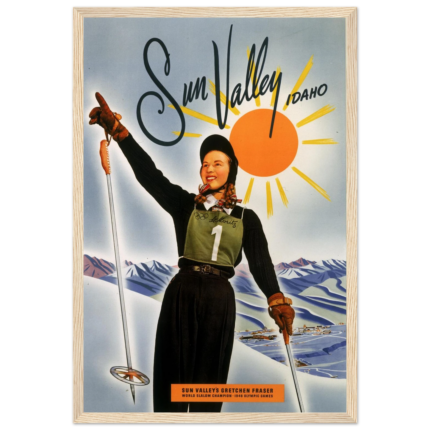 Vintage-style ski resort poster featuring Sun Valley, an iconic symbol of American alpine history and mid-century winter travel art.