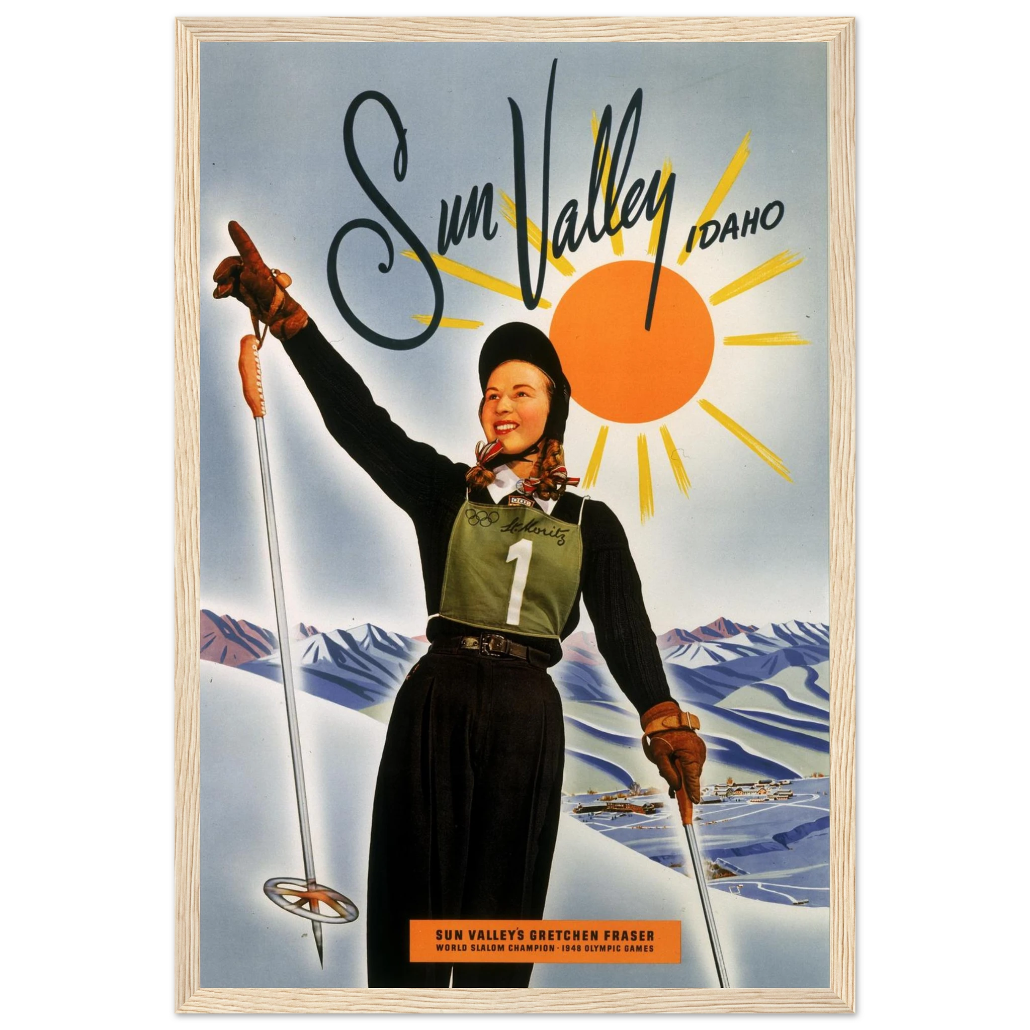 Vintage-style ski resort poster featuring Sun Valley, an iconic symbol of American alpine history and mid-century winter travel art.