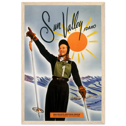 Vintage-style ski resort poster featuring Sun Valley, an iconic symbol of American alpine history and mid-century winter travel art.