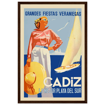 Retro Andalusia travel poster featuring Cádiz, one of Europe’s oldest port cities, rendered in warm tones and classic tourism art style.