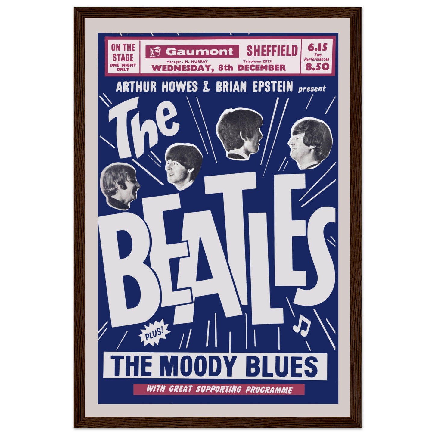 Vintage Beatles poster presented by Arthur Howes & Brian Epstein — nostalgic rock print from the golden age of British pop music.