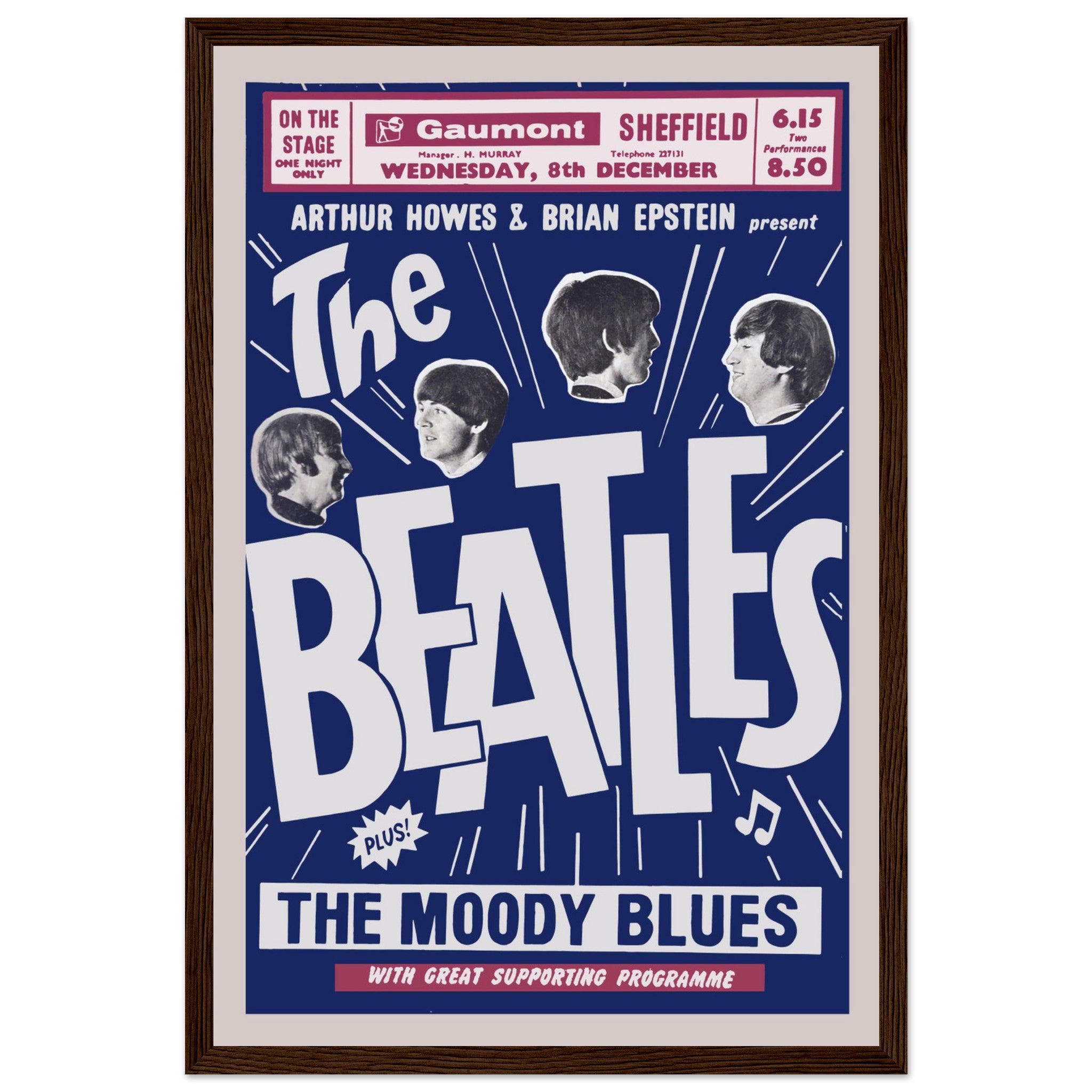 Vintage Beatles poster presented by Arthur Howes & Brian Epstein — nostalgic rock print from the golden age of British pop music.