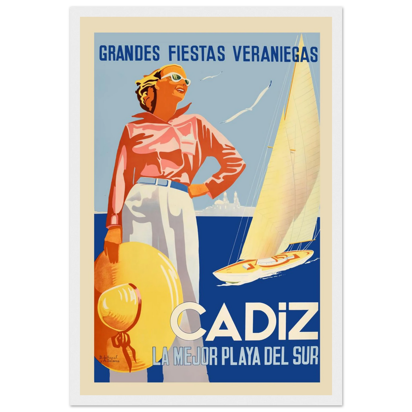 Vintage Cádiz travel poster featuring a sunlit seaside view of southern Spain, capturing Andalusian charm and classic Mediterranean style.