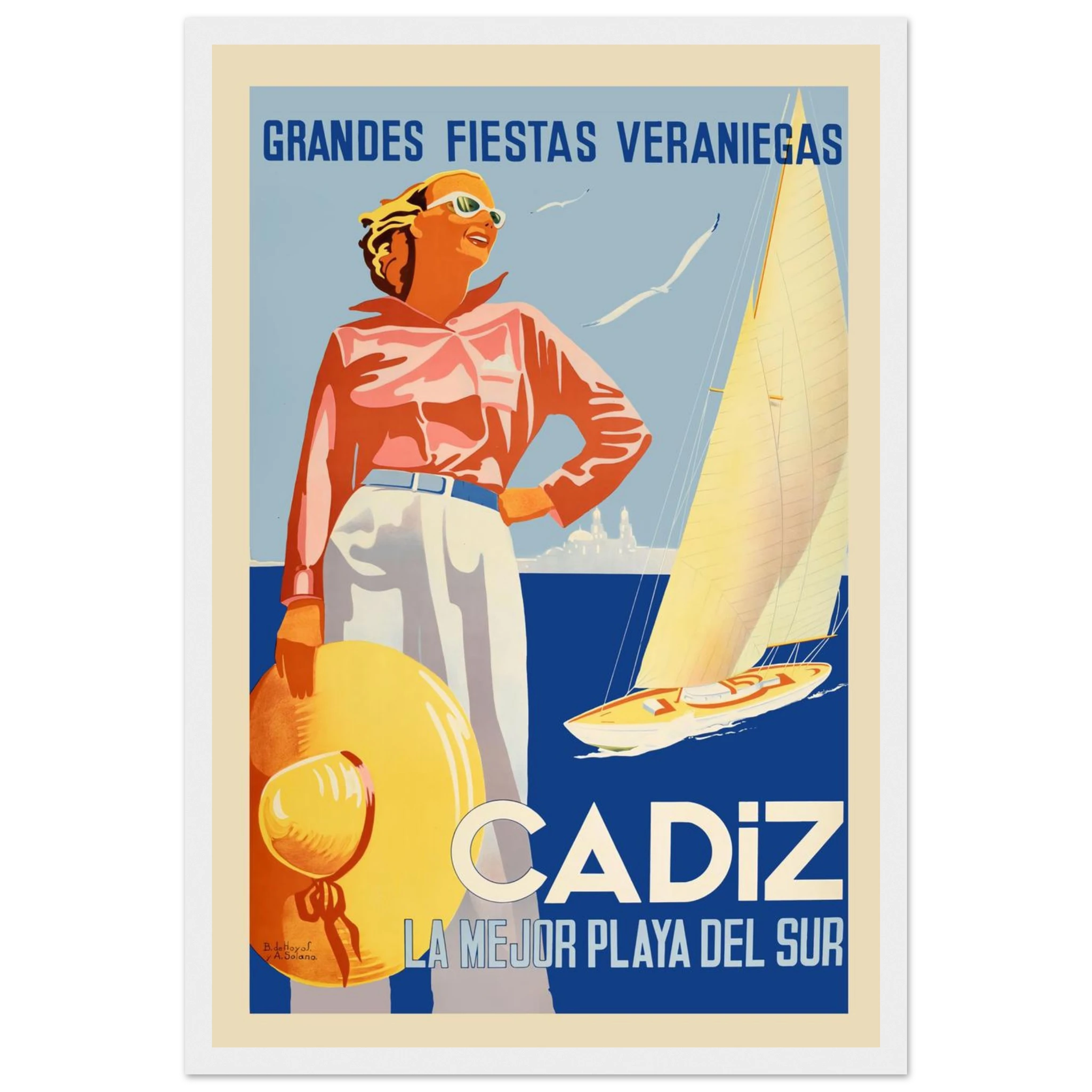 Vintage Cádiz travel poster featuring a sunlit seaside view of southern Spain, capturing Andalusian charm and classic Mediterranean style.