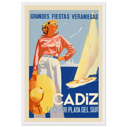 Vintage Cádiz travel poster featuring a sunlit seaside view of southern Spain, capturing Andalusian charm and classic Mediterranean style.