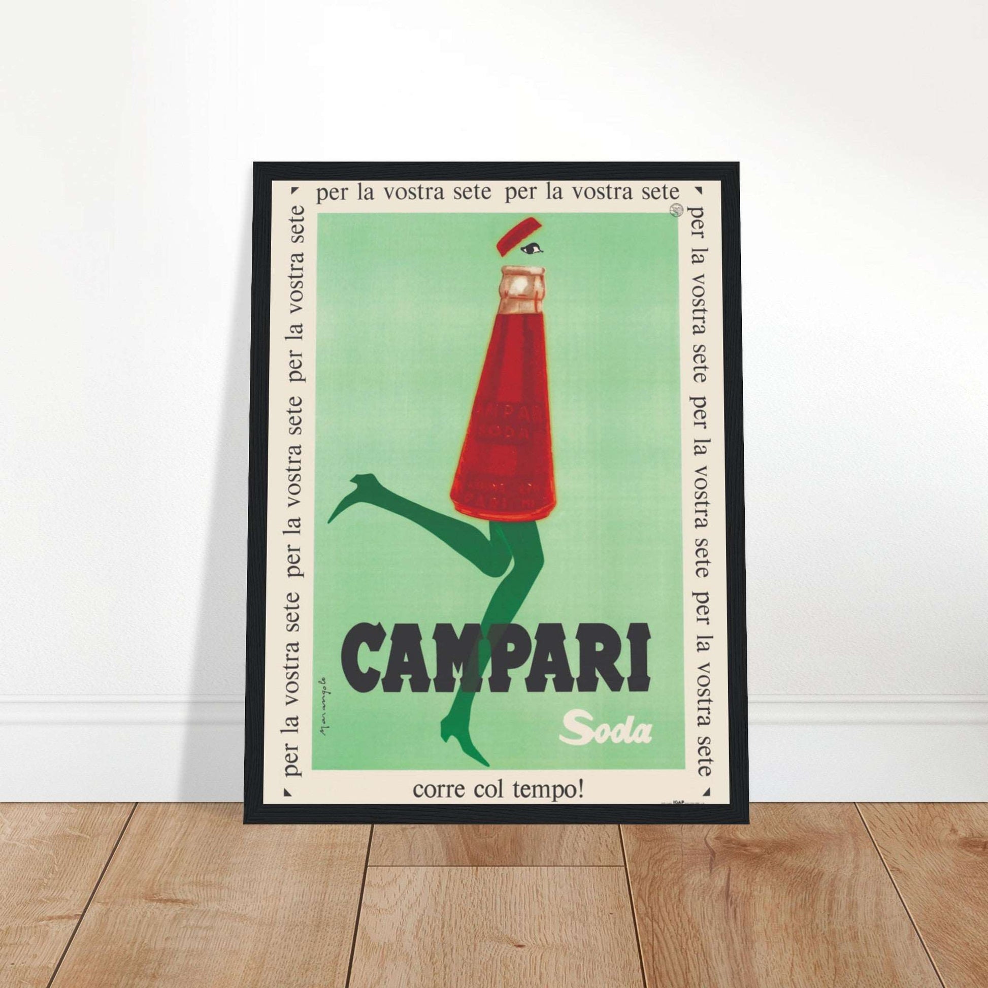 Vintage Campari Soda poster from Italy featuring elegant retro illustration of a red soda bottle woman on a mint green background — perfect wall art for bars, kitchens, or mid-century collectors.