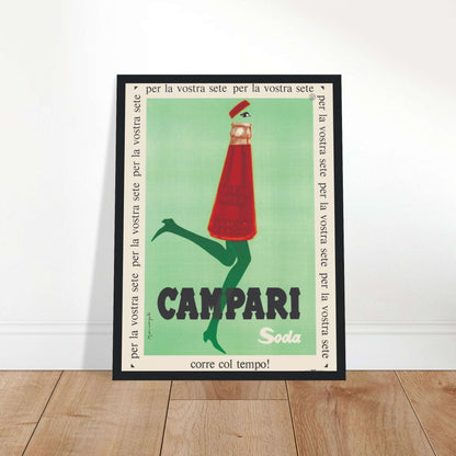 Vintage Campari Soda poster from Italy featuring elegant retro illustration of a red soda bottle woman on a mint green background — perfect wall art for bars, kitchens, or mid-century collectors.