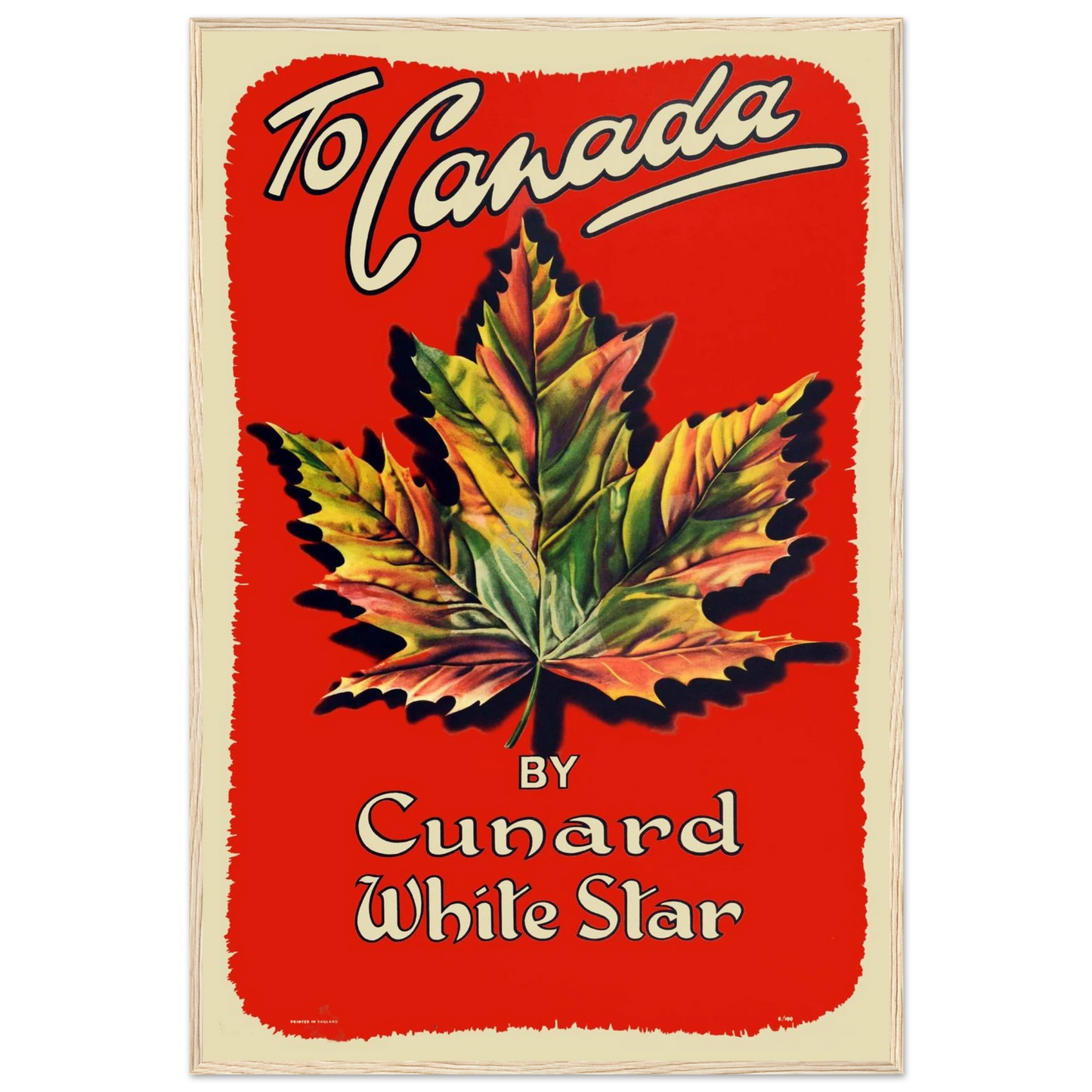 Vintage Canada travel poster featuring a bold maple leaf design in classic mid-century style, celebrating national pride and retro design charm.