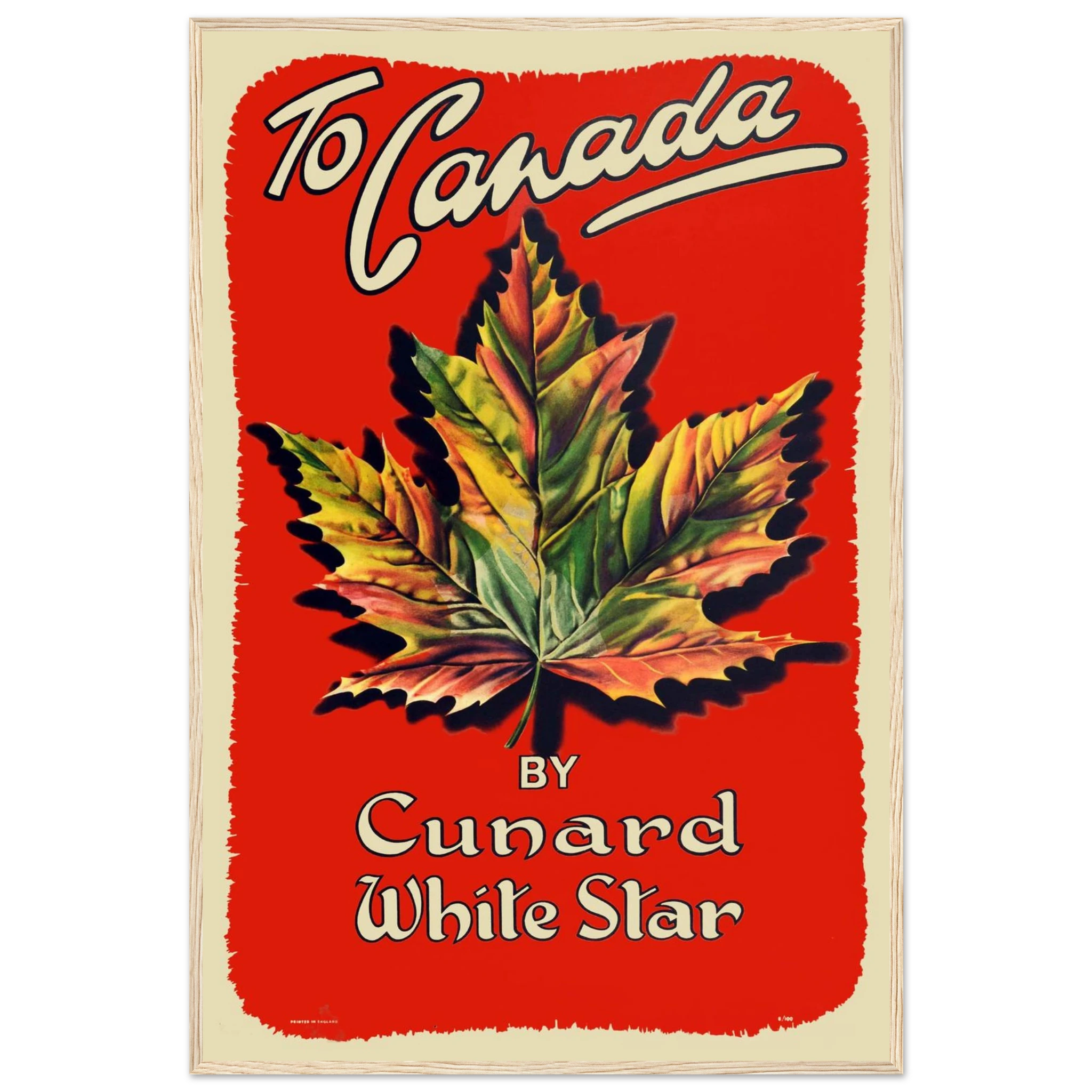 Vintage Canada travel poster featuring a bold maple leaf design in classic mid-century style, celebrating national pride and retro design charm.