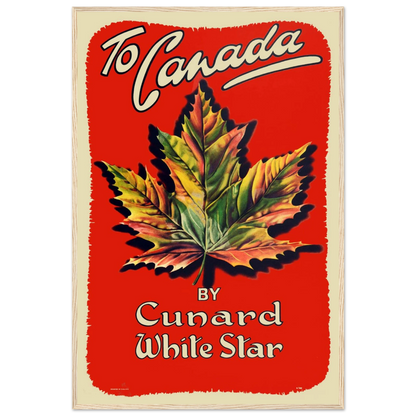 Vintage Canada travel poster featuring a bold maple leaf design in classic mid-century style, celebrating national pride and retro design charm.