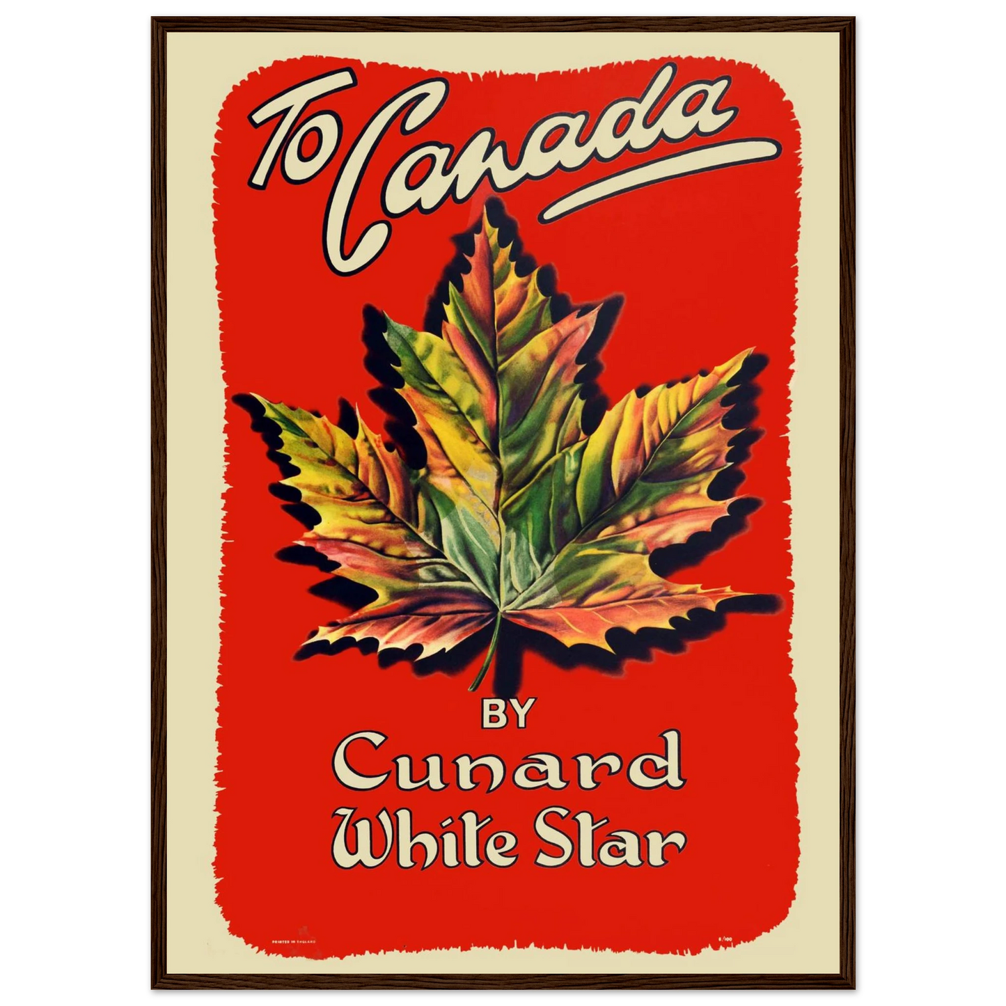 Retro Canadian home decor print with maple leaf motif, evoking classic travel posters and the beauty of Canada’s natural spirit.