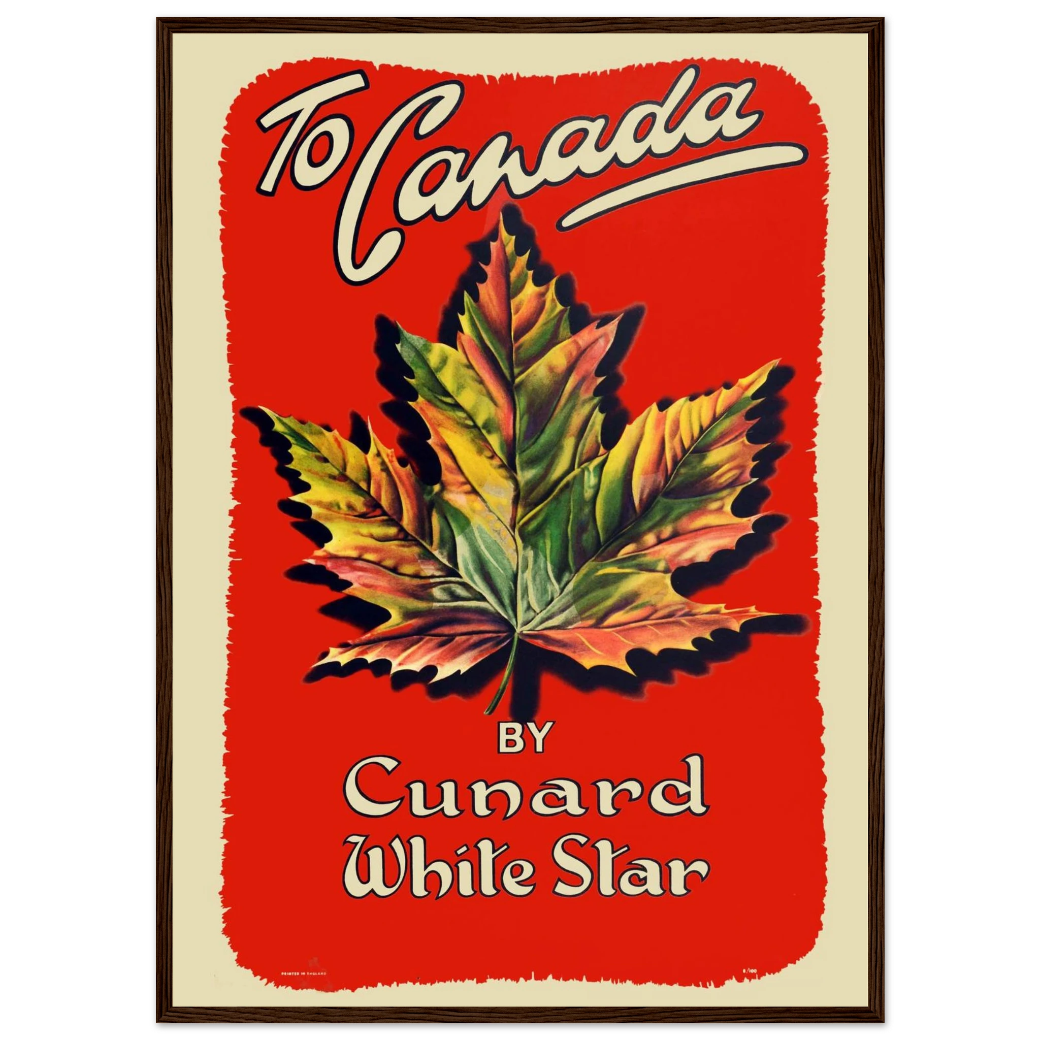 Retro Canadian home decor print with maple leaf motif, evoking classic travel posters and the beauty of Canada’s natural spirit.