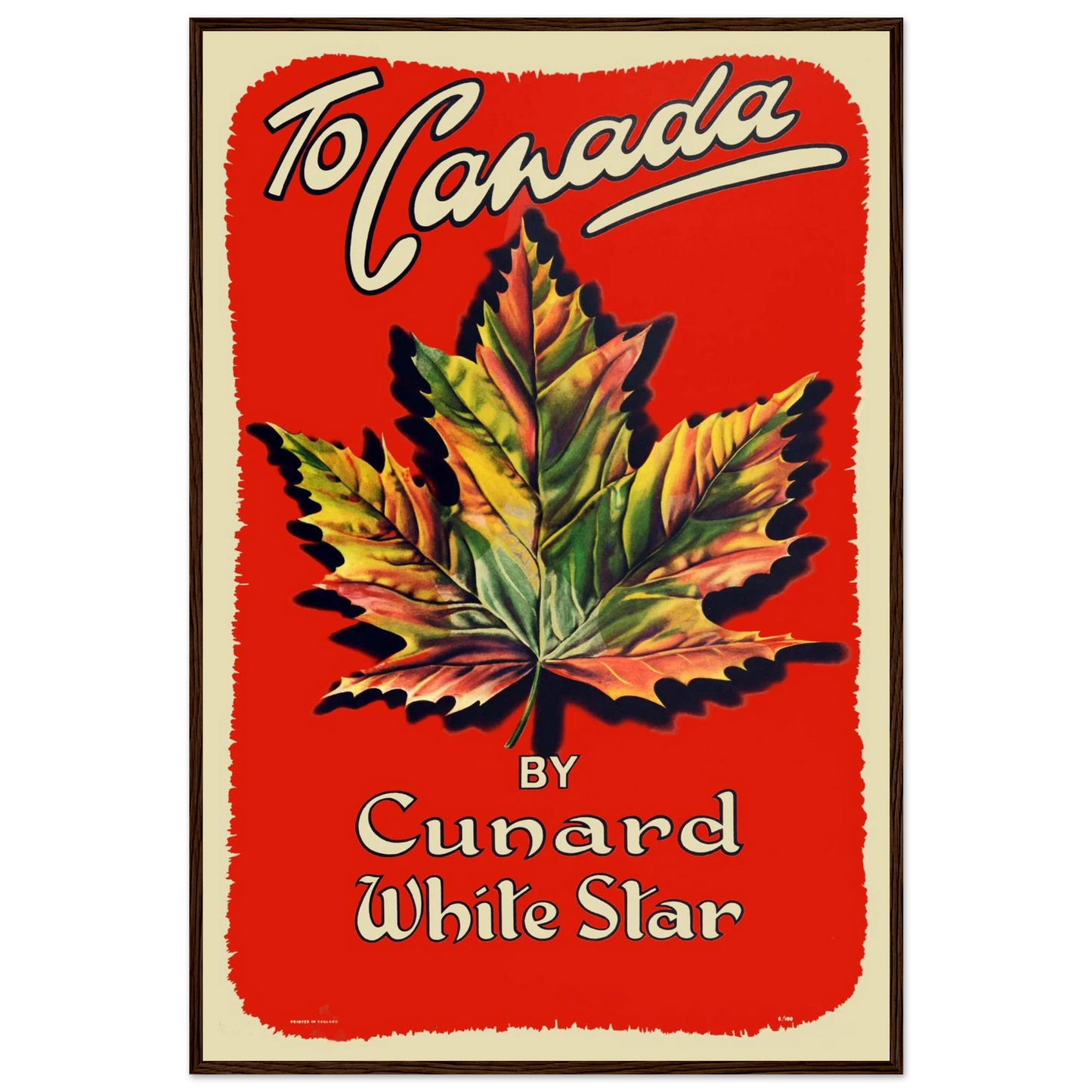 Canadian travel art print inspired by mid-century posters, showcasing a vibrant red maple leaf and minimalist design.