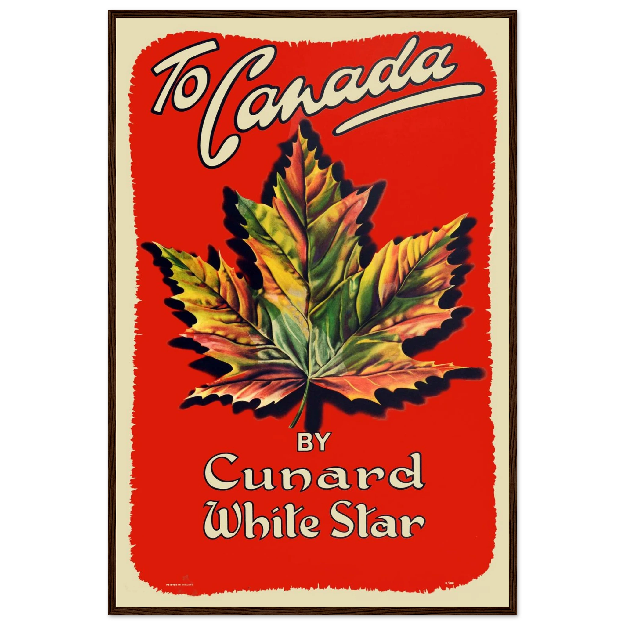 Canadian travel art print inspired by mid-century posters, showcasing a vibrant red maple leaf and minimalist design.