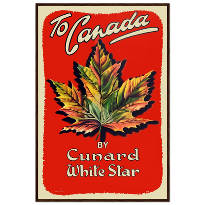 Canadian travel art print inspired by mid-century posters, showcasing a vibrant red maple leaf and minimalist design.